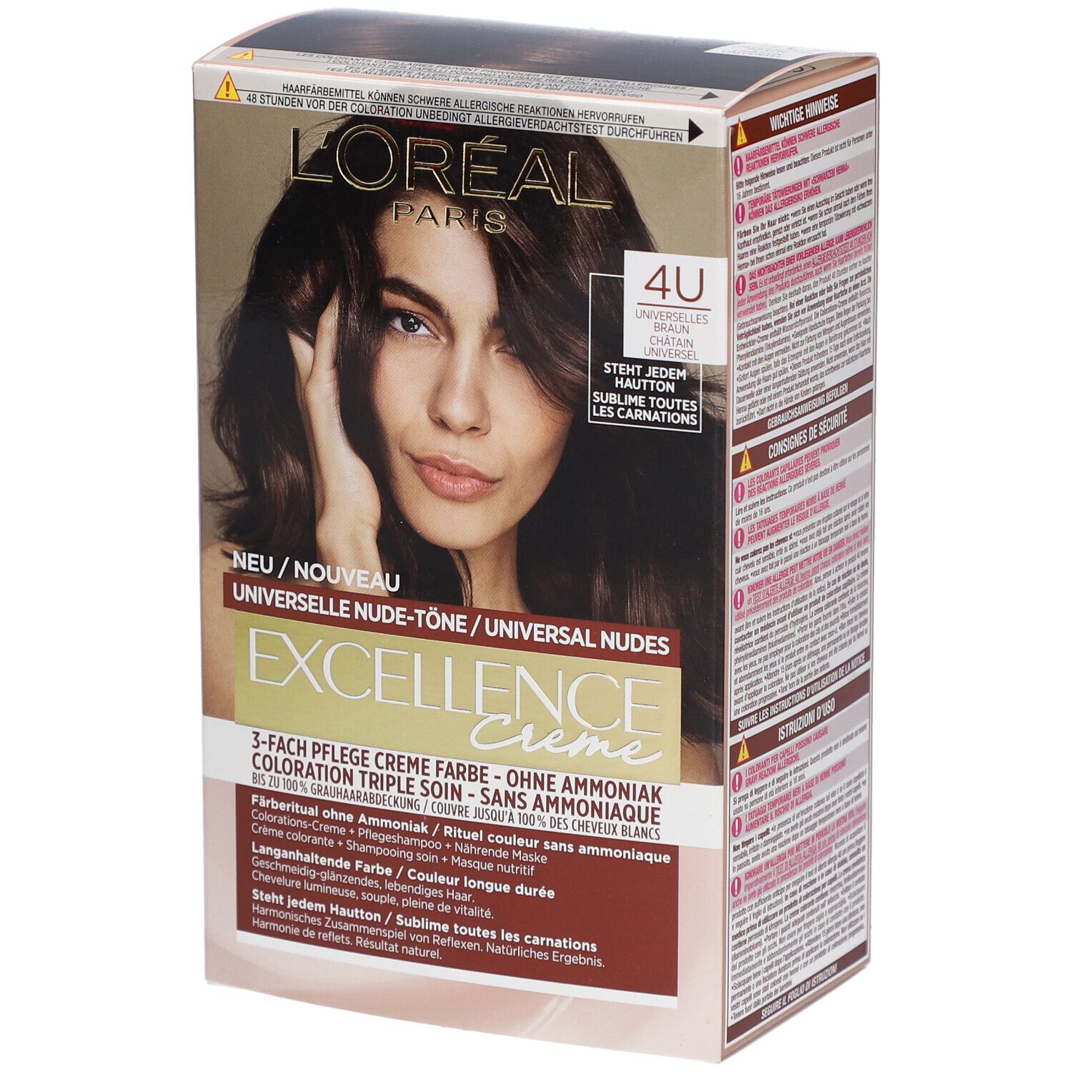 Boîte de coloration capillaire. L'Oréal Paris Excellence Crème, Universal Nude 4U. Femme aux cheveux bruns. Texte.