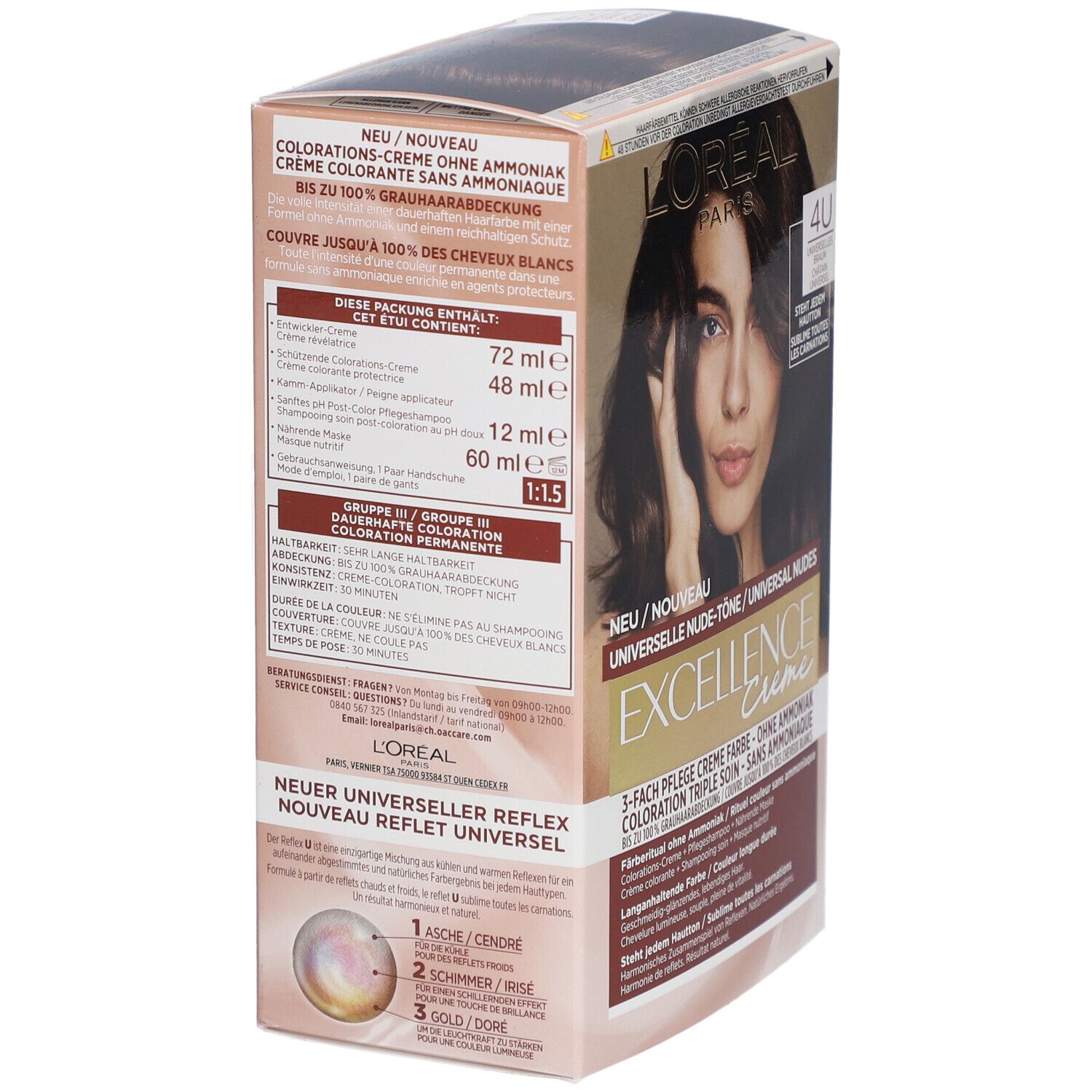 Dos de la boîte de coloration capillaire. L'Oréal Paris Excellence Crème. Ingrédients, instructions d'utilisation.