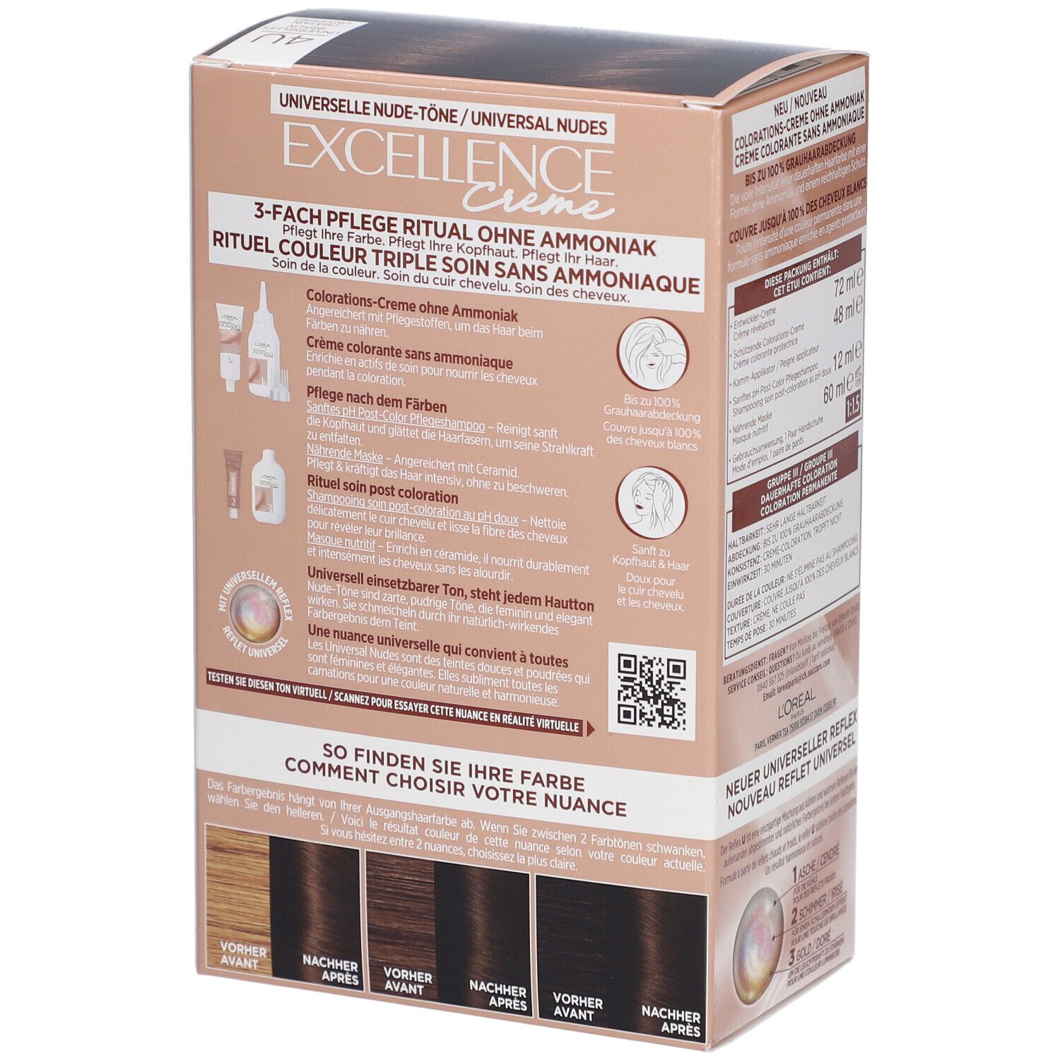 Dos de la boîte de coloration capillaire. L'Oréal Paris Excellence Crème. Instructions, exemples de couleurs.