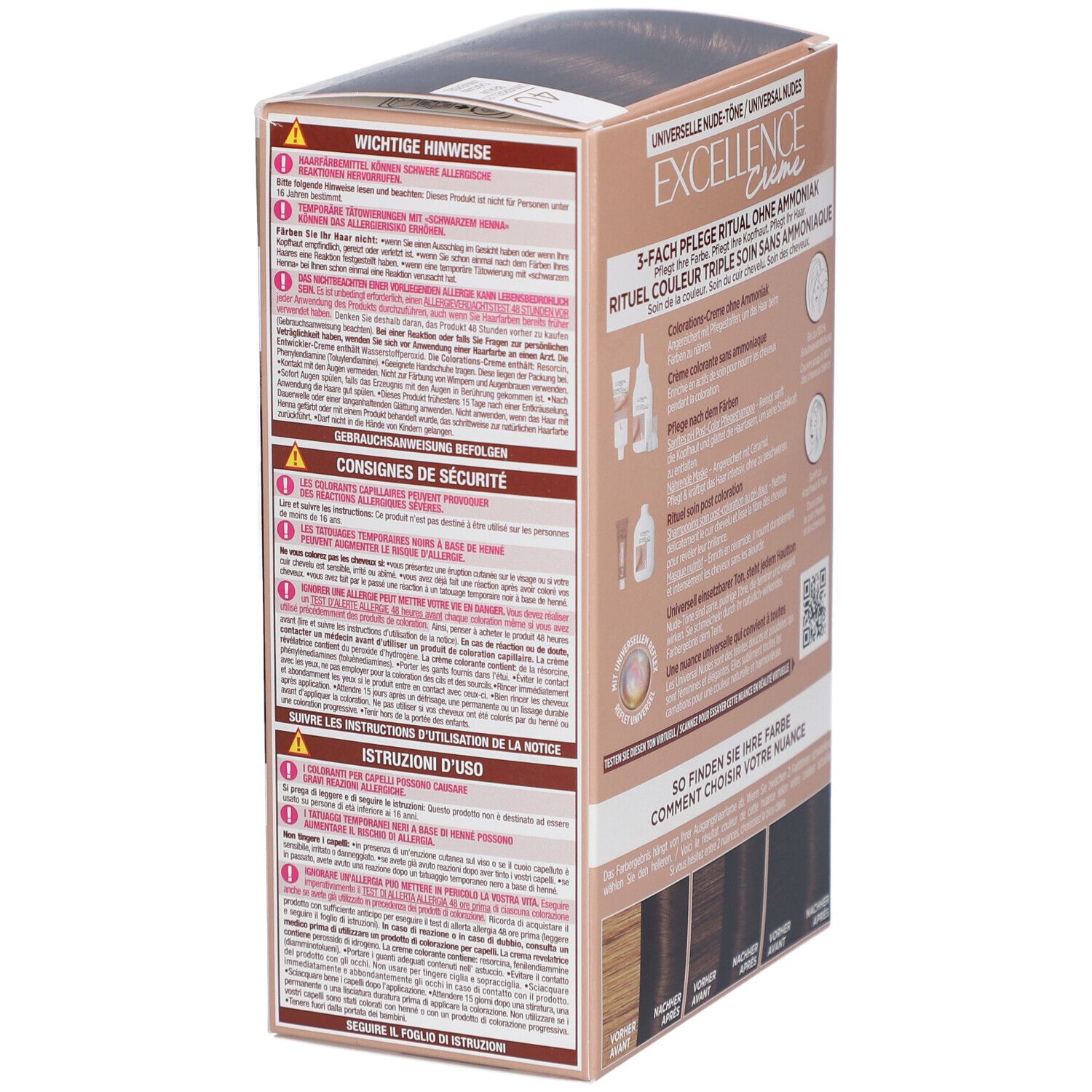 Côté de la boîte de coloration capillaire. L'Oréal Paris Excellence Crème. Avertissements, instructions, ingrédients.