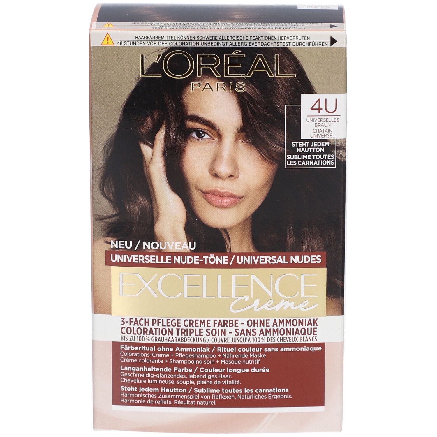 Boîte de coloration capillaire. L'Oréal Paris Excellence Crème, Universal Nude 4U. Femme aux cheveux bruns. Texte.