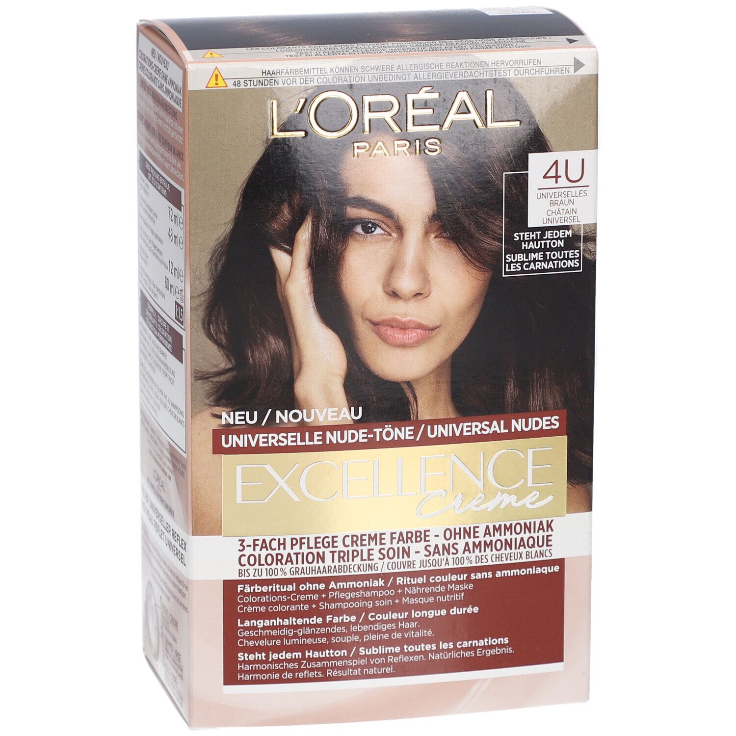 Boîte de coloration capillaire. L'Oréal Paris Excellence Crème, Universal Nude 4U. Femme aux cheveux bruns. Texte.