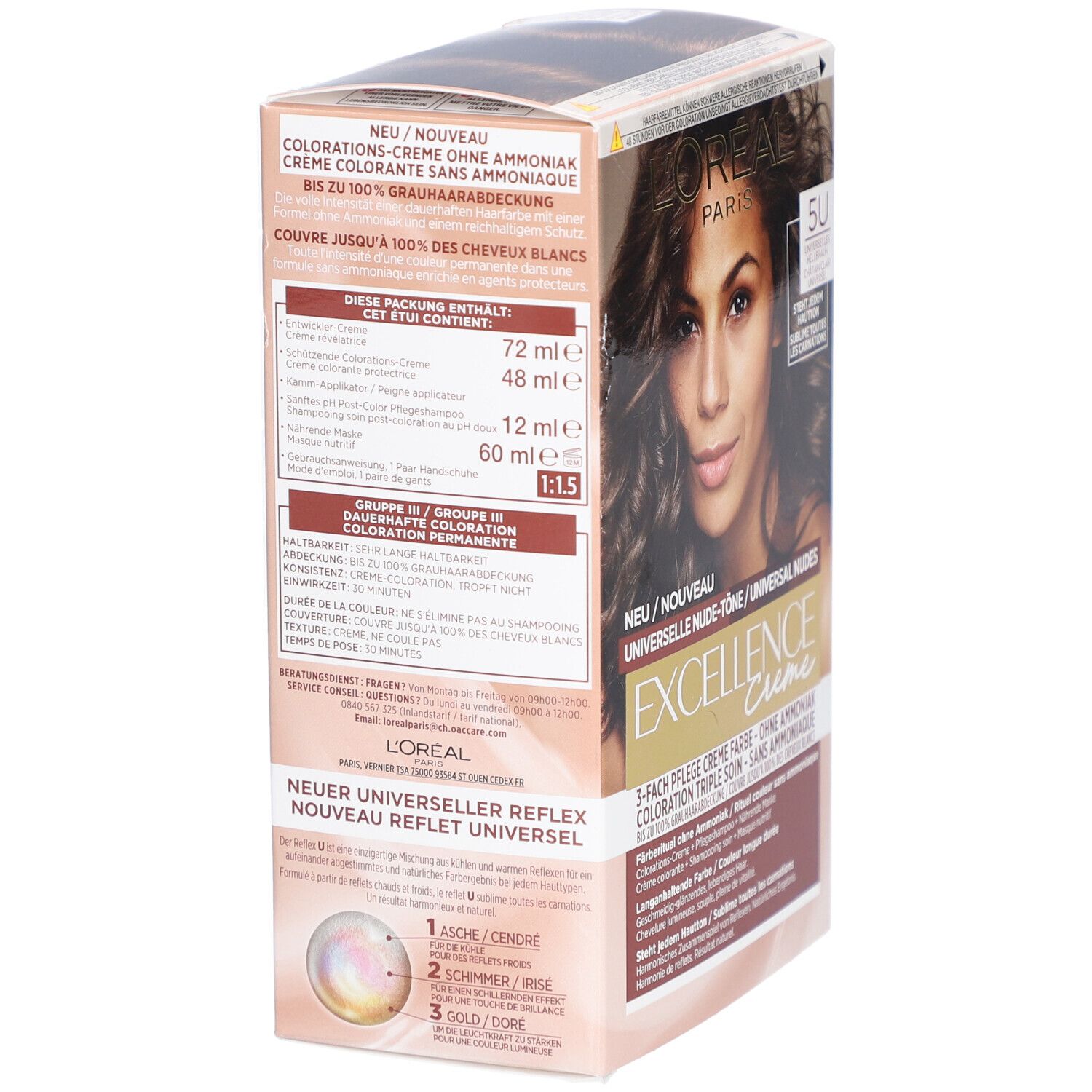 L'Oréal Paris Excellence Creme 5U. Vue latérale de la boîte avec texte et ingrédients.