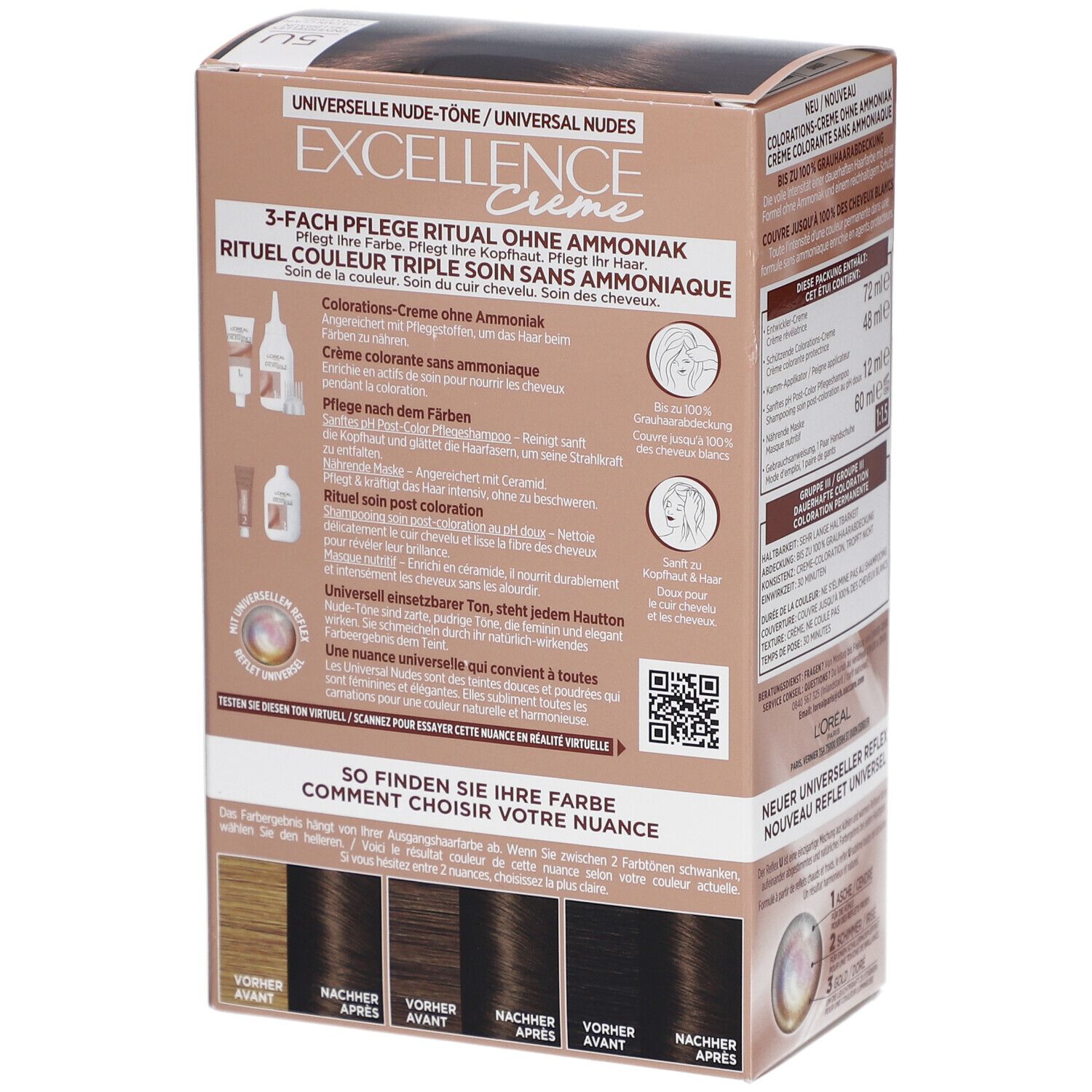 L'Oréal Paris Excellence Creme 5U. Dos de la boîte avec informations et exemples de couleurs.