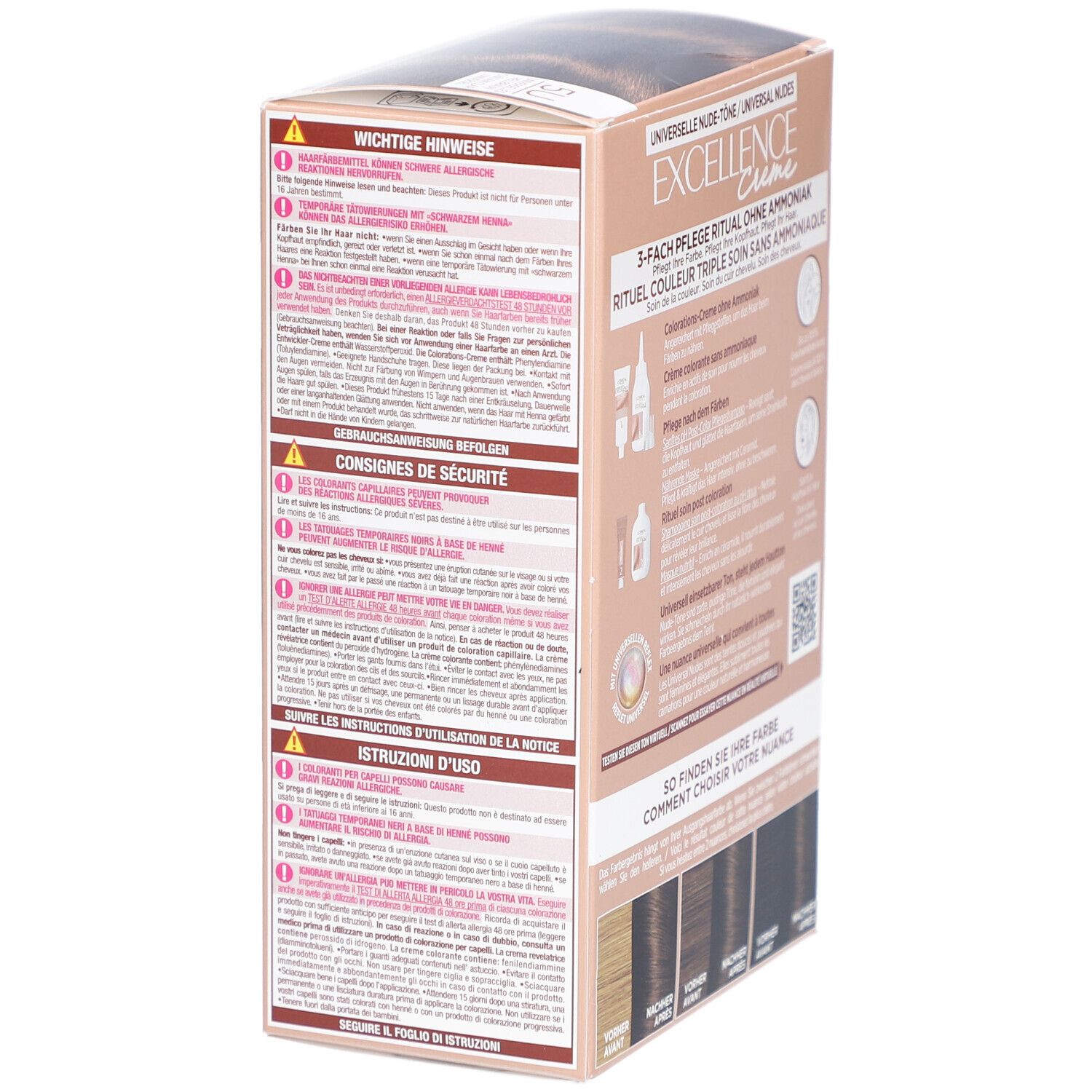 L'Oréal Paris Excellence Creme 5U. Côté de la boîte avec avertissements et mode d'emploi.