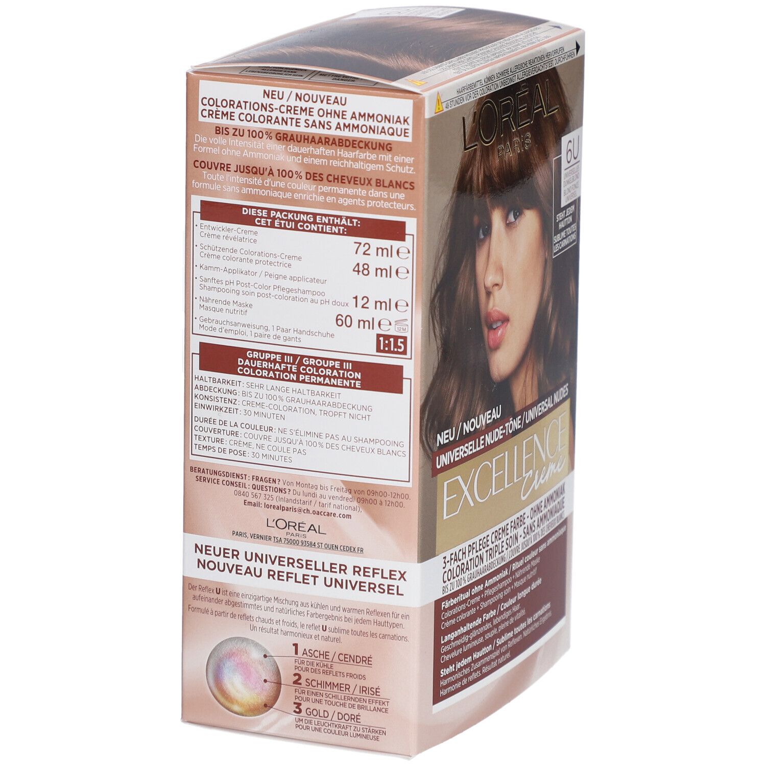 L'Oréal Excellence Haarfarben-Verpackung mit Farbton 6U und Bild einer Frau.