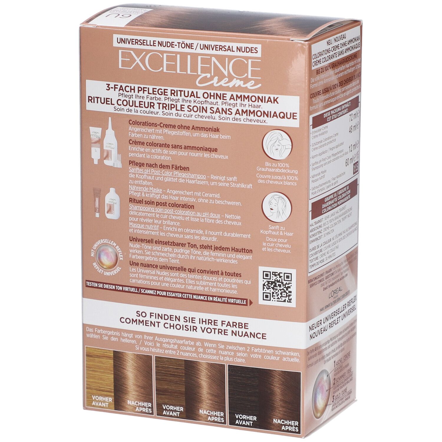 Verpackung für L'Oréal Excellence Crème Haarfarbe, Nude-Töne, ohne Ammoniak.