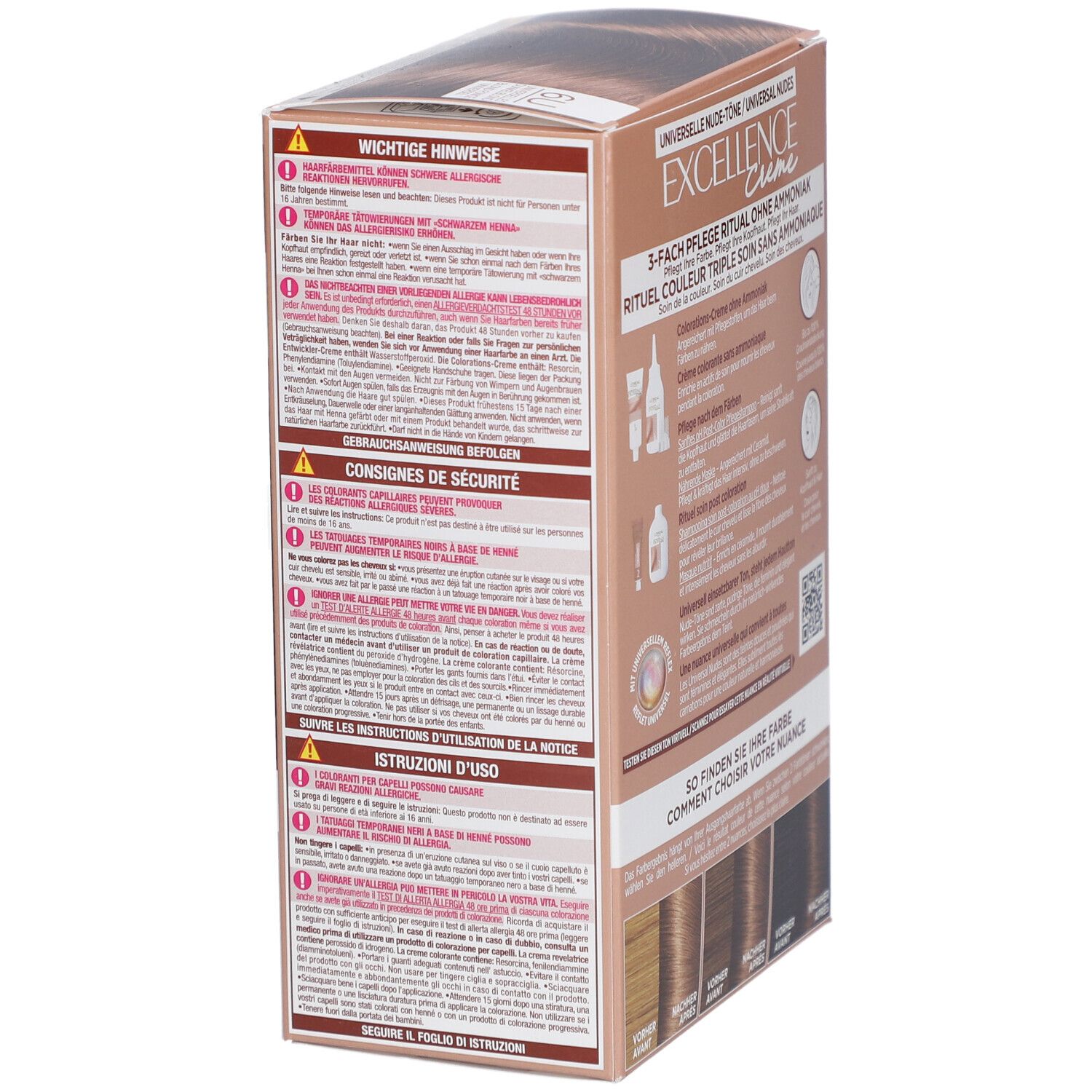 L'Oréal Excellence Haarfarben-Verpackung mit Warnhinweisen und Anwendungshinweisen.