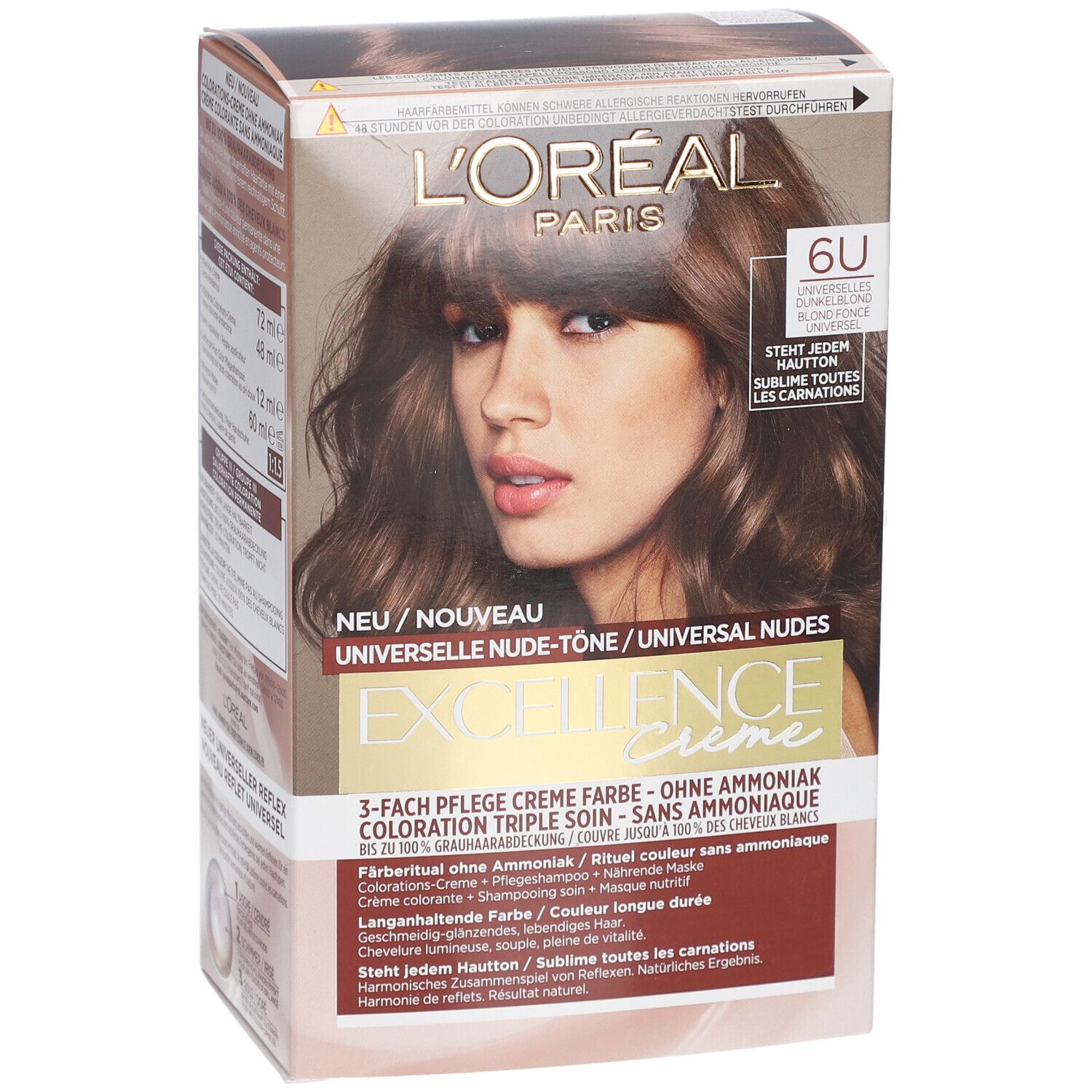 L'Oréal Paris Excellence Creme Haarfarbe 6U, universeller Blondton. Packung mit Modell.