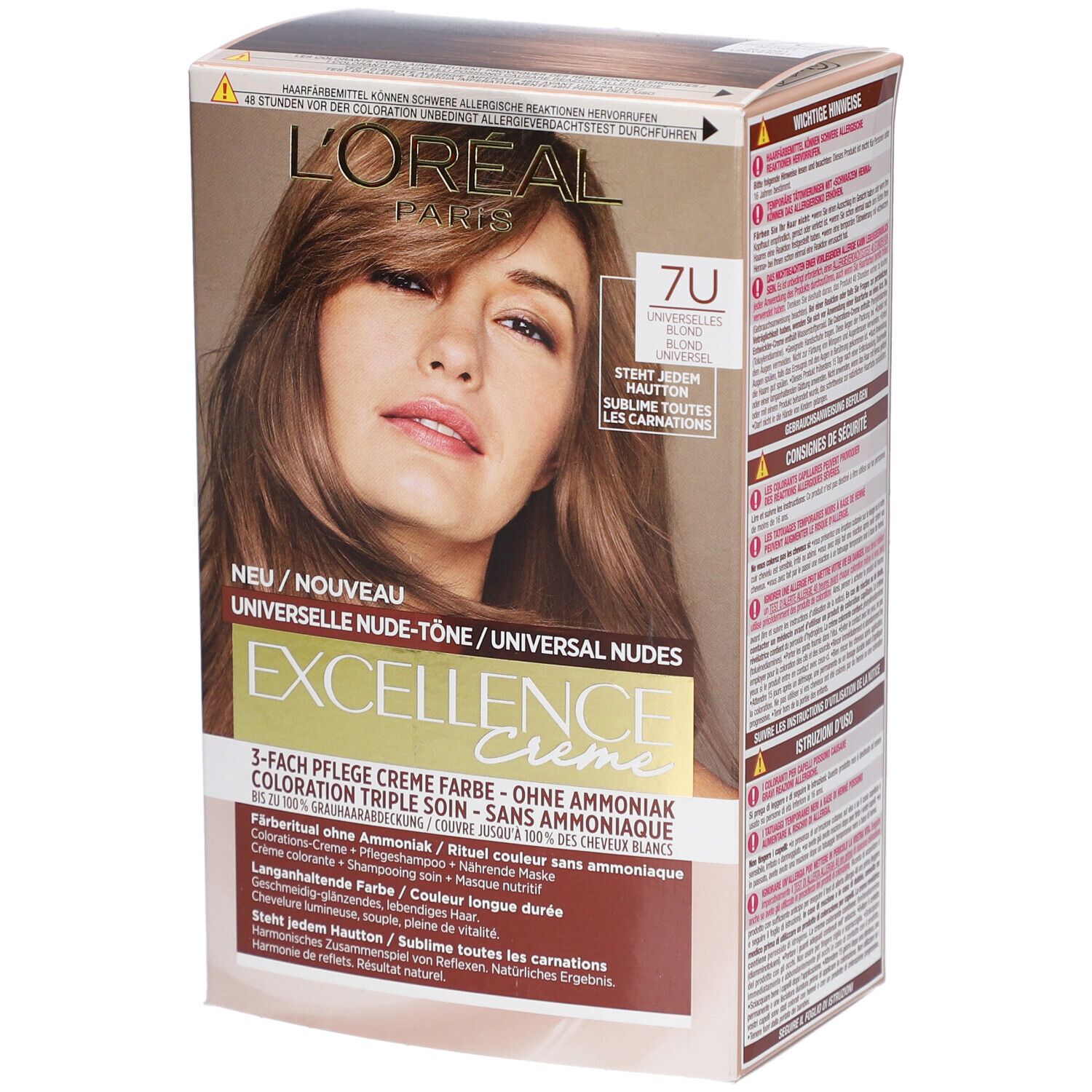 Boîte L'Oréal Paris Excellence Creme. Inscriptions: 7U, Blond Universel, Excellence Creme, sans ammoniaque.