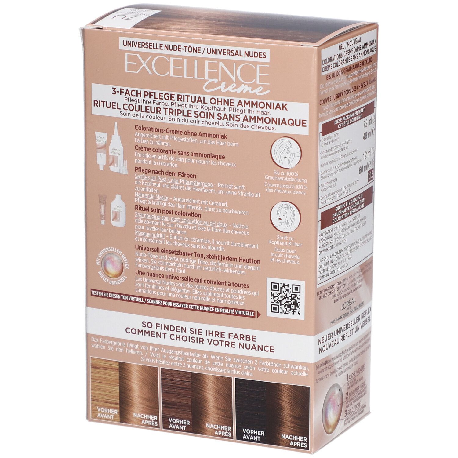 Dos de la boîte L'Oréal Paris Excellence Creme. Illustrations de produits et sélection de couleurs.