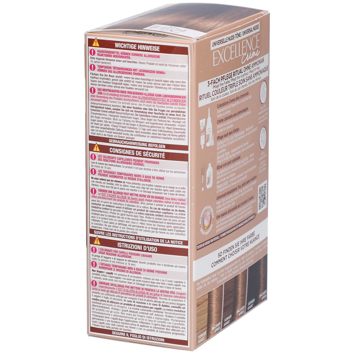 Dos de la boîte L'Oréal Paris Excellence Creme. Contient des informations de sécurité et des instructions d'utilisation.