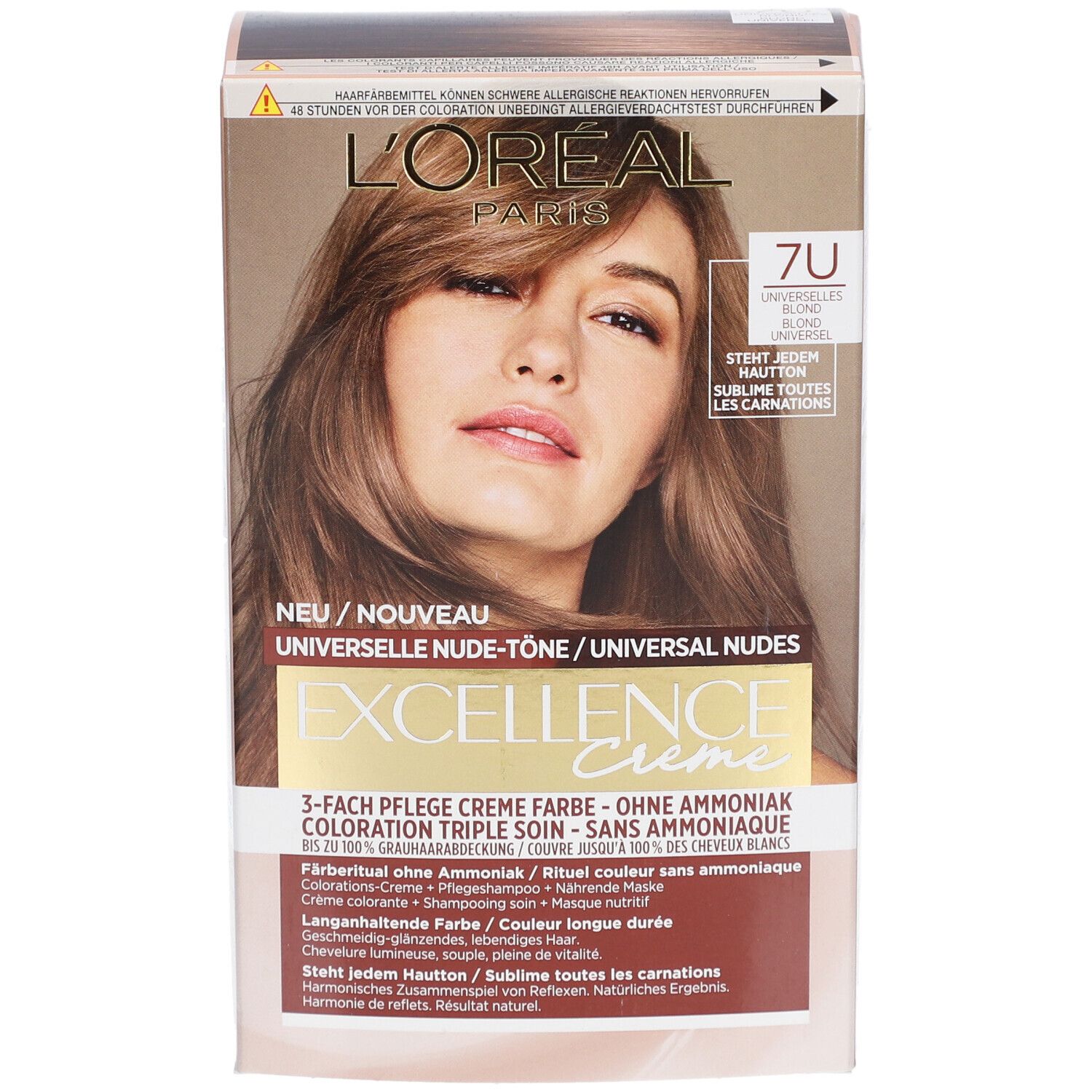 Boîte L'Oréal Paris Excellence Creme. Inscriptions: 7U, Blond Universel, Excellence Creme, sans ammoniaque.