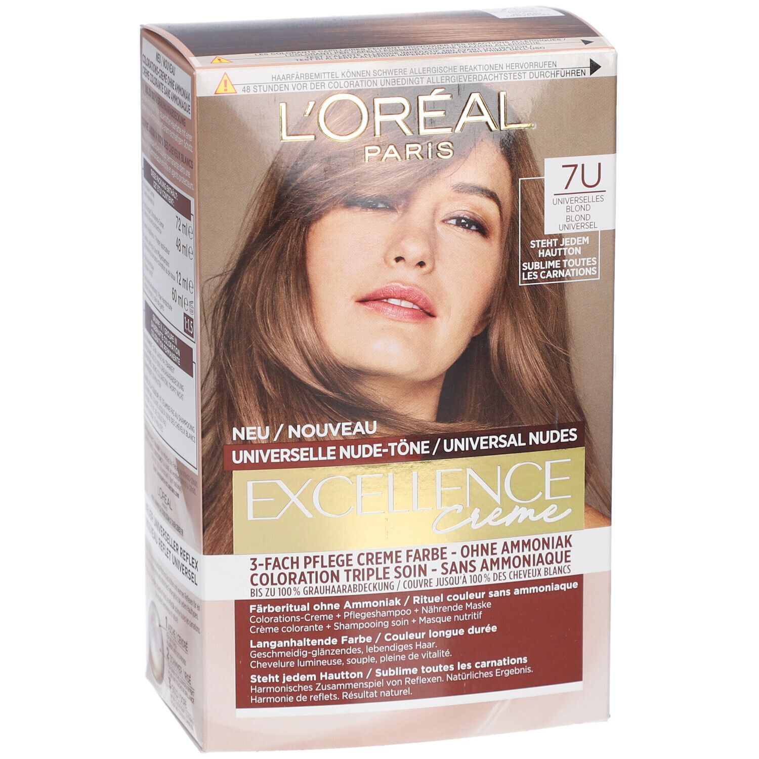 Boîte L'Oréal Paris Excellence Creme. Inscriptions: 7U, Blond Universel, Excellence Creme, sans ammoniaque.