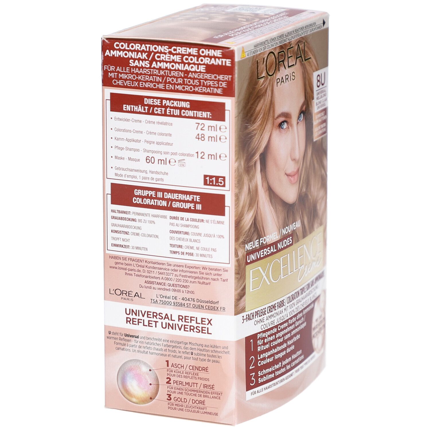 Boîte de coloration L'Oréal Paris Excellence Crème. Vue latérale avec détails du produit. Contient ingrédients et volume.