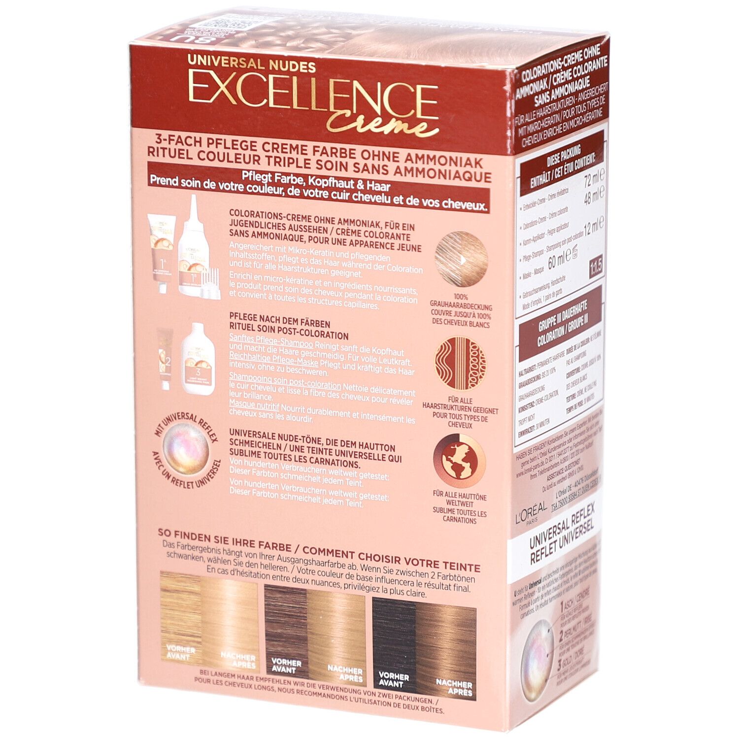 Boîte de coloration L'Oréal Paris Excellence Crème. Vue arrière avec instructions et exemples de couleurs. Contient des infos.