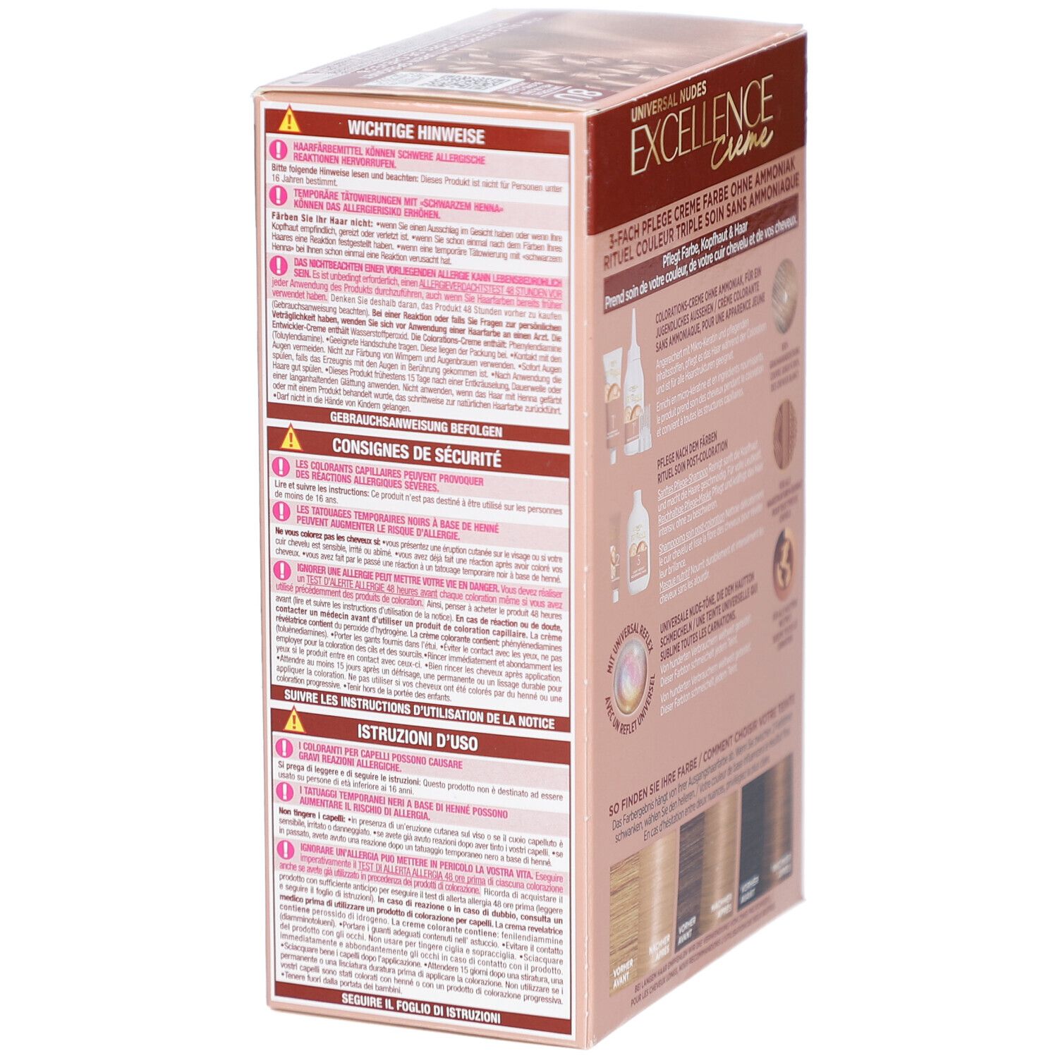 Boîte de coloration L'Oréal Paris Excellence Crème. Vue latérale avec consignes de sécurité et instructions. Infos.