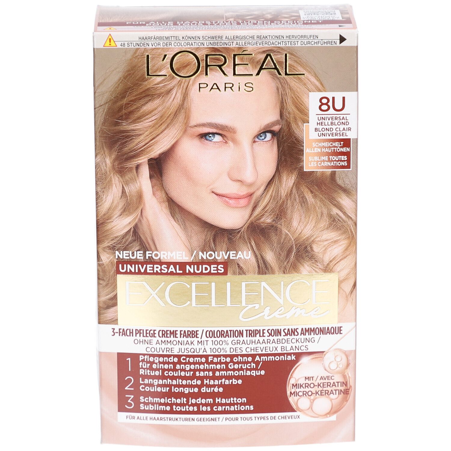 Boîte de coloration L'Oréal Paris Excellence Crème. Face d'une femme. 8U Blond Clair Universel. Caractéristiques et avantages listés.
