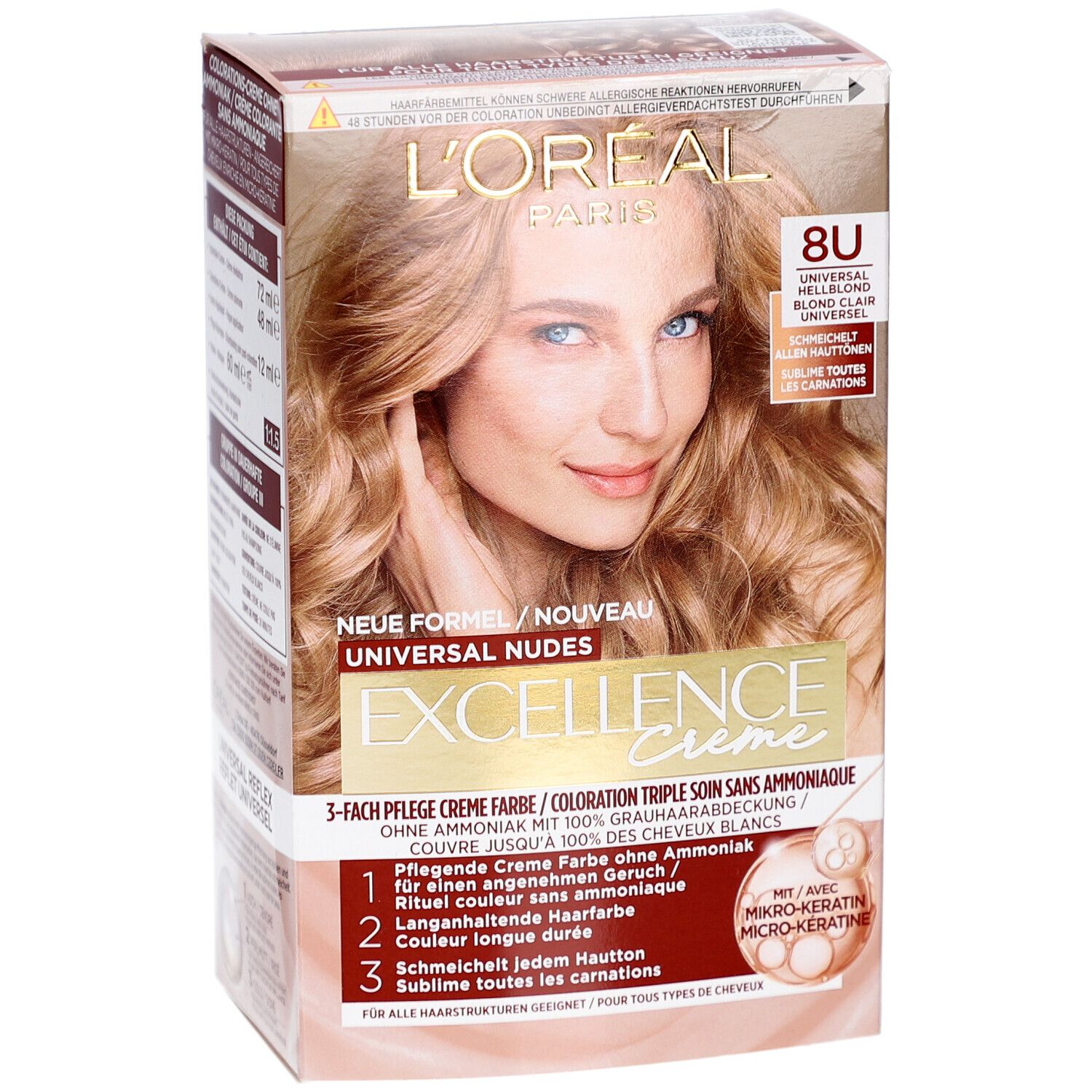 Boîte de coloration L'Oréal Paris Excellence Crème. Face d'une femme. 8U Blond Clair Universel. Caractéristiques et avantages listés.