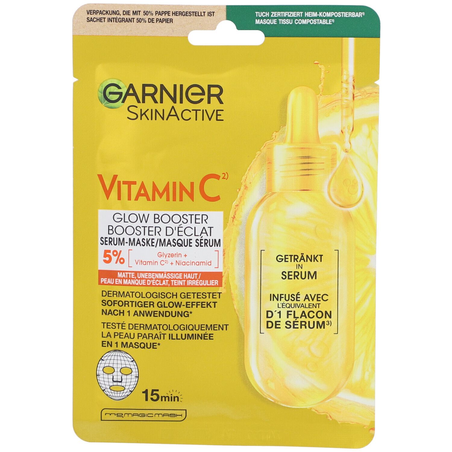 Gelbe Garnier-Gesichtsmaske mit Vitamin C. Verpackung mit Produktabbildung und Text. 15 Minuten.