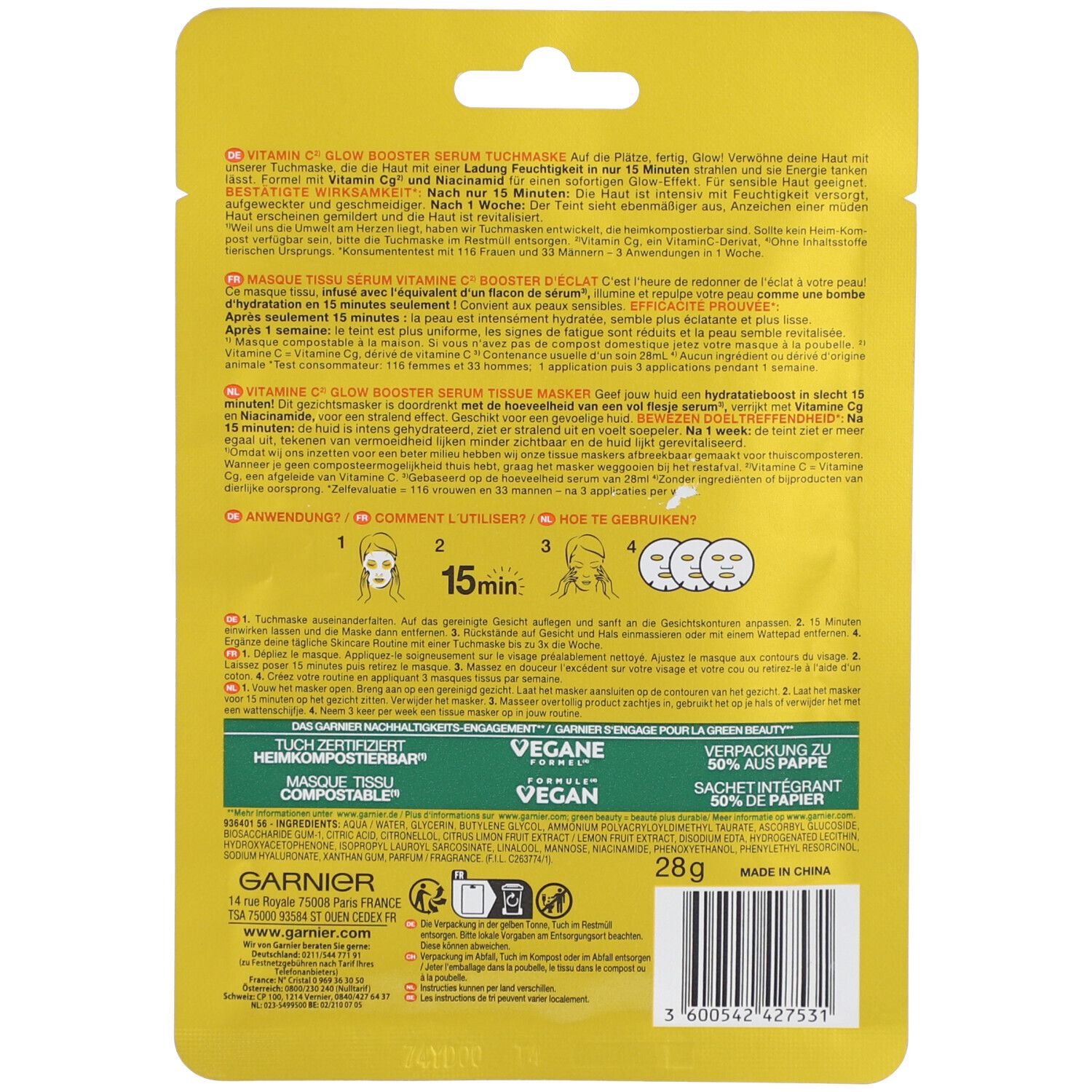 Rückseite der gelben Garnier-Gesichtsmaskenverpackung. Text in mehreren Sprachen. 28g. Vegan.