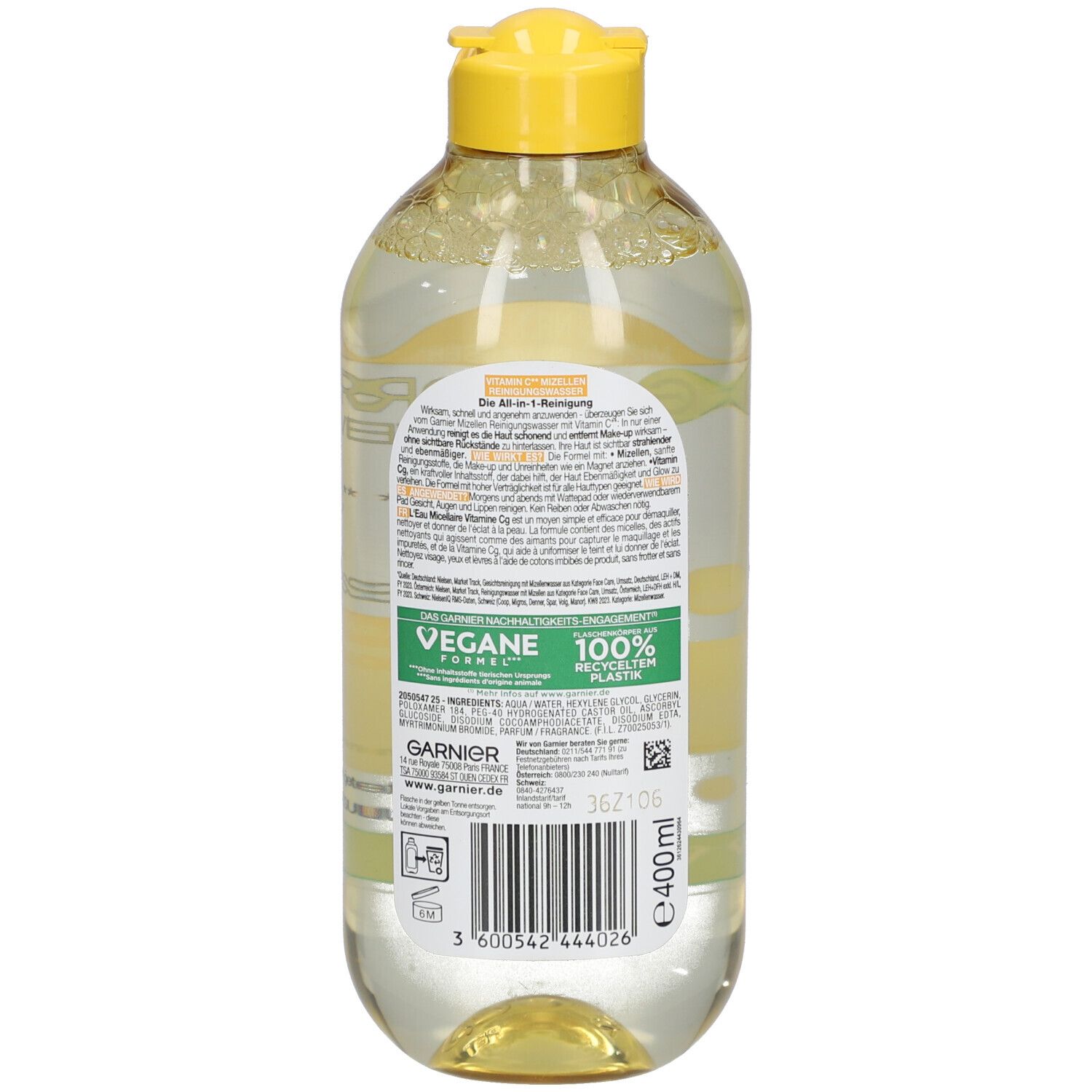 Dos du flacon de Garnier Mizellenwasser. Étiquette avec ingrédients, logo, code-barres et label Vegan.
