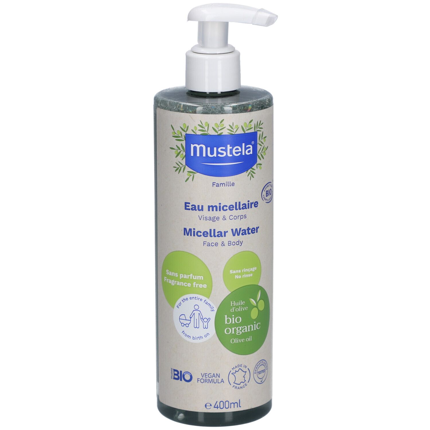 Mustela Bio-Mizellenwasser Flasche. Mit Pumpe. Aufschrift: Eau micellaire, Micellar Water, Face & Body. Bio-Zertifizierung.
