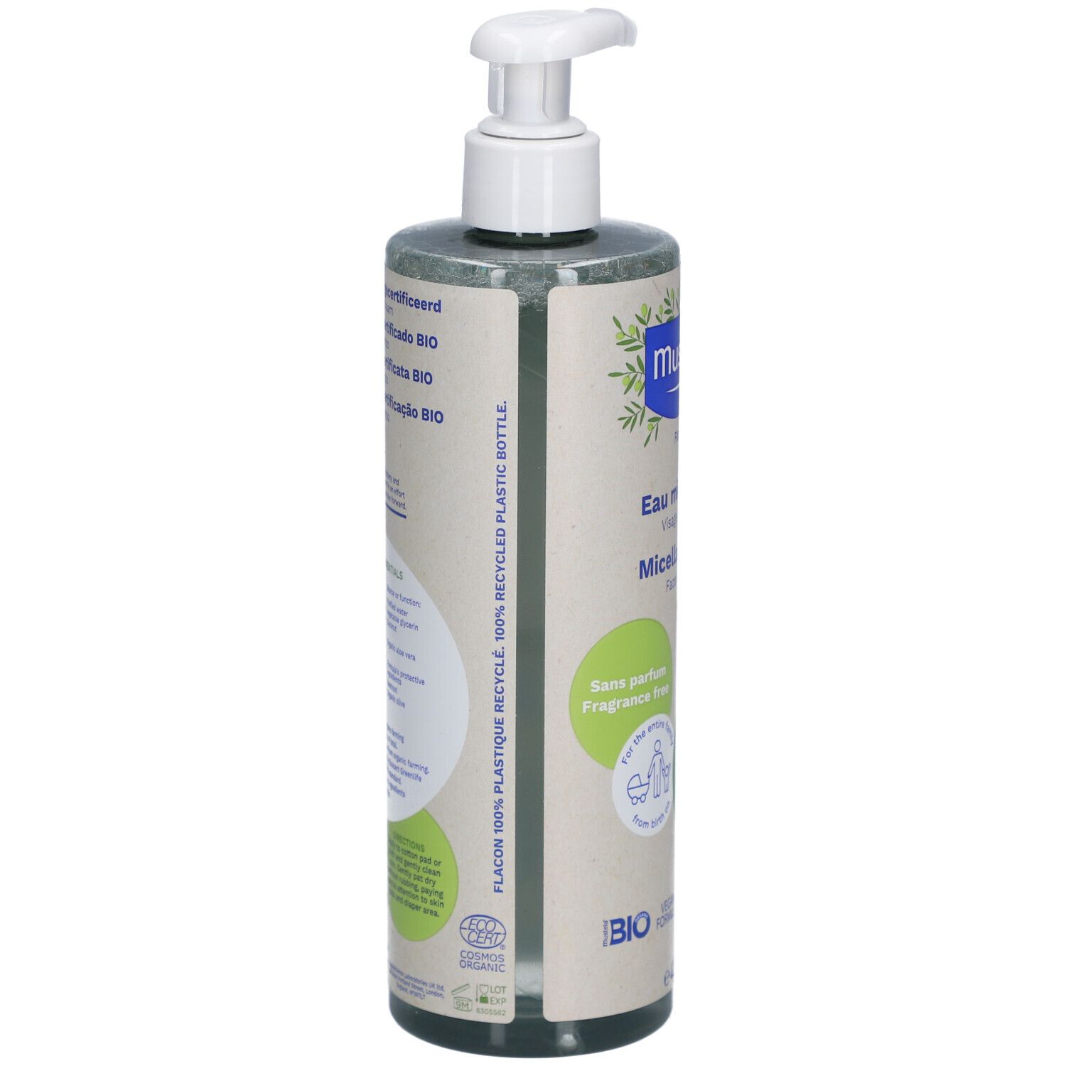 Mustela Bio-Mizellenwasser Flasche. Rückseite mit Text. 100% recycelte Plastikflasche. Bio-Zertifizierung. Vegan.