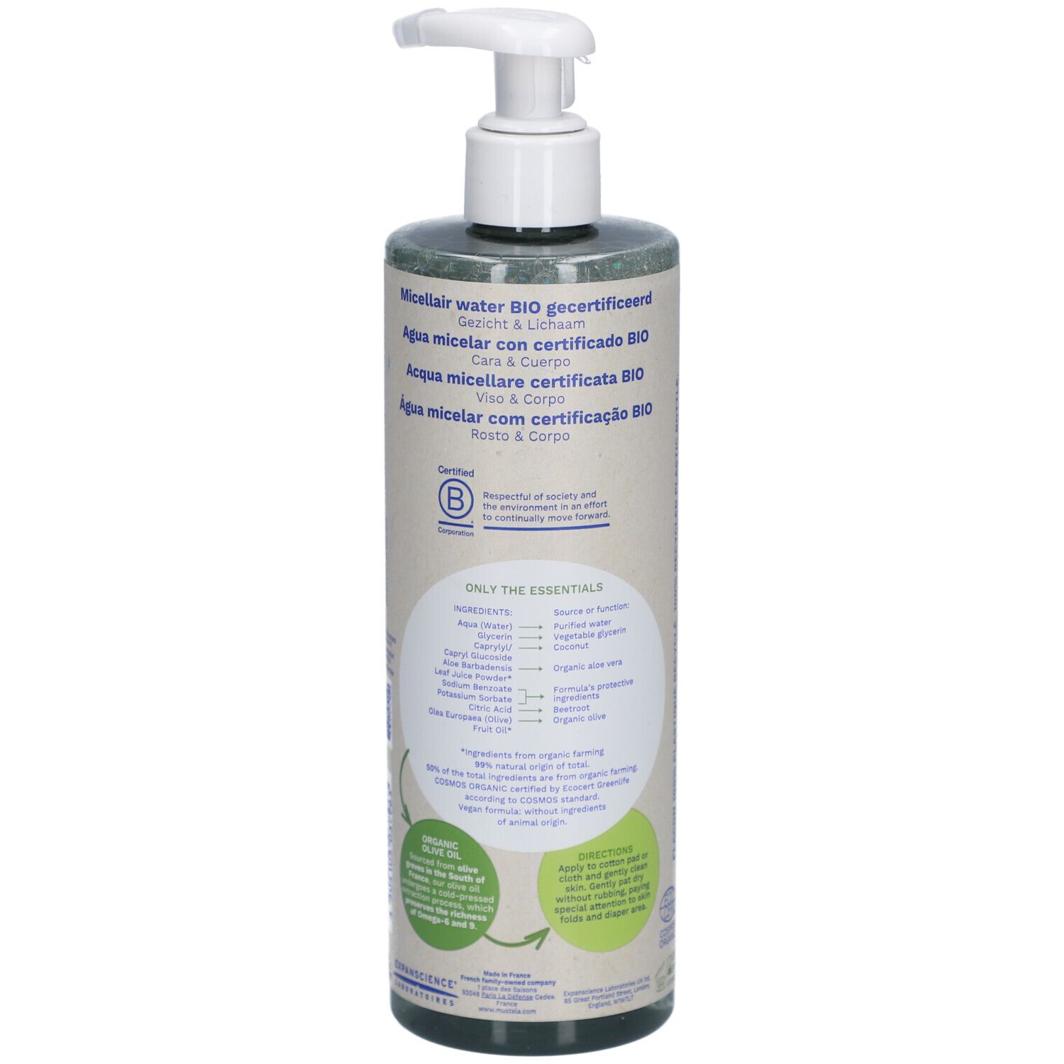 Rückseite der Mustela Bio-Mizellenwasser Flasche. Text mit Inhaltsstoffen und Zertifizierungen. Bio-Zertifizierung. Vegan.