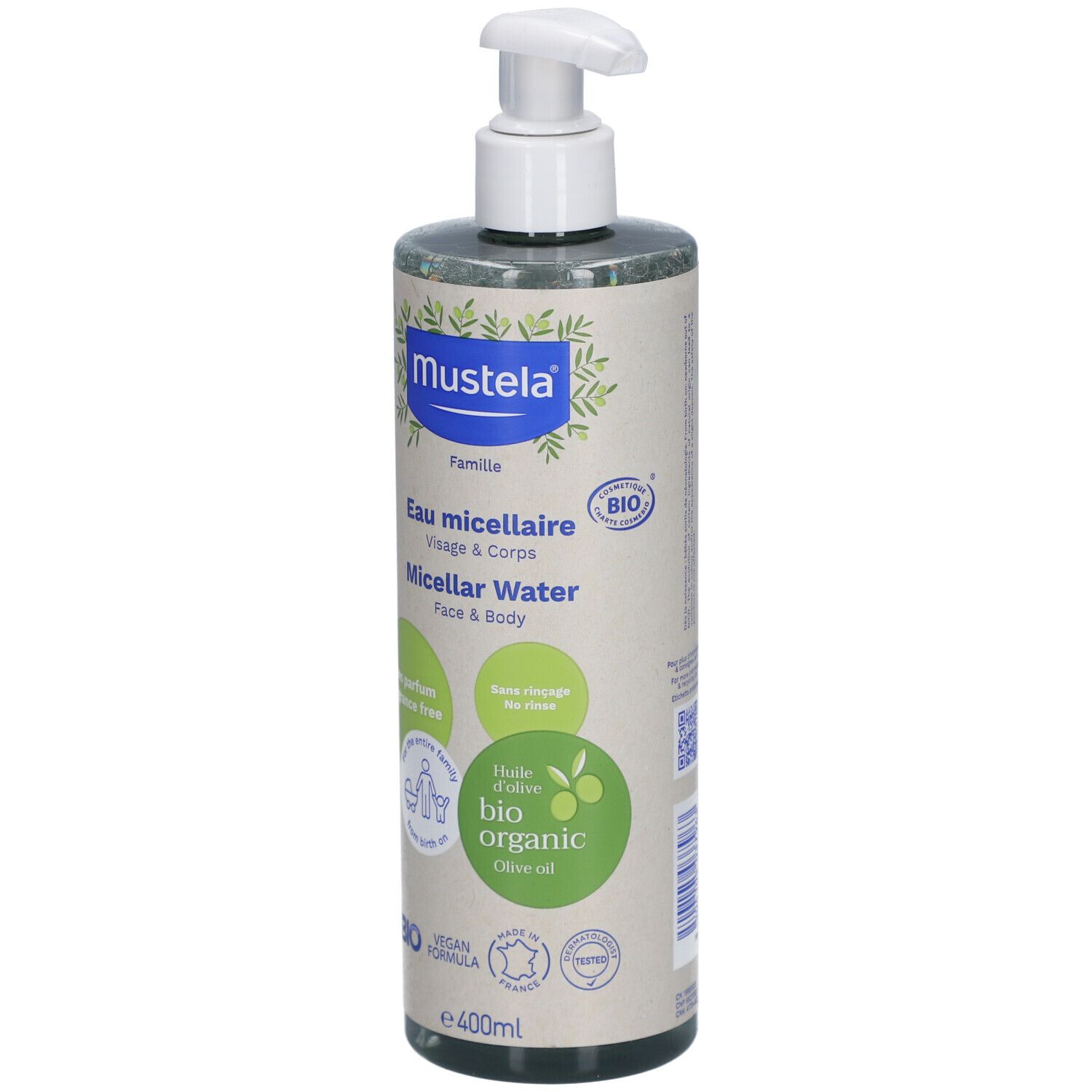 Mustela Bio-Mizellenwasser Flasche. Mit Pumpe. Aufschrift: Eau micellaire, Micellar Water, Face & Body. Bio-Zertifizierung.