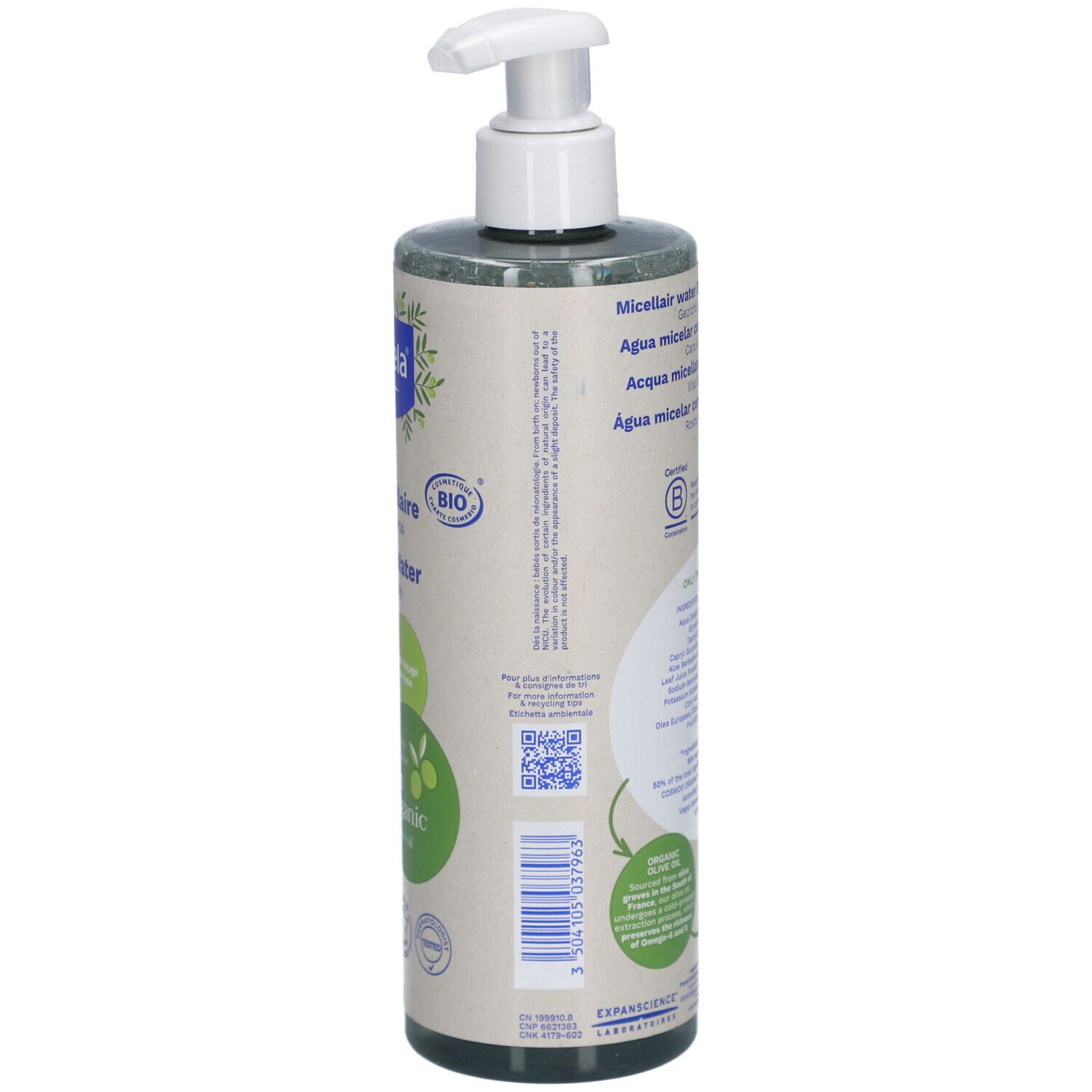 Rückseite der Mustela Bio-Mizellenwasser Flasche. Text und Zertifizierungen. Bio-Zertifizierung. Vegan.