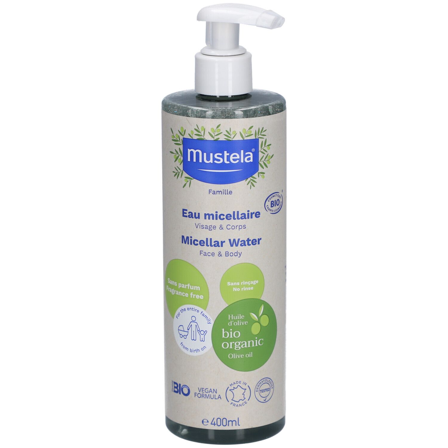Mustela Bio-Mizellenwasser Flasche. Mit Pumpe. Aufschrift: Eau micellaire, Micellar Water, Face & Body. Bio-Zertifizierung.