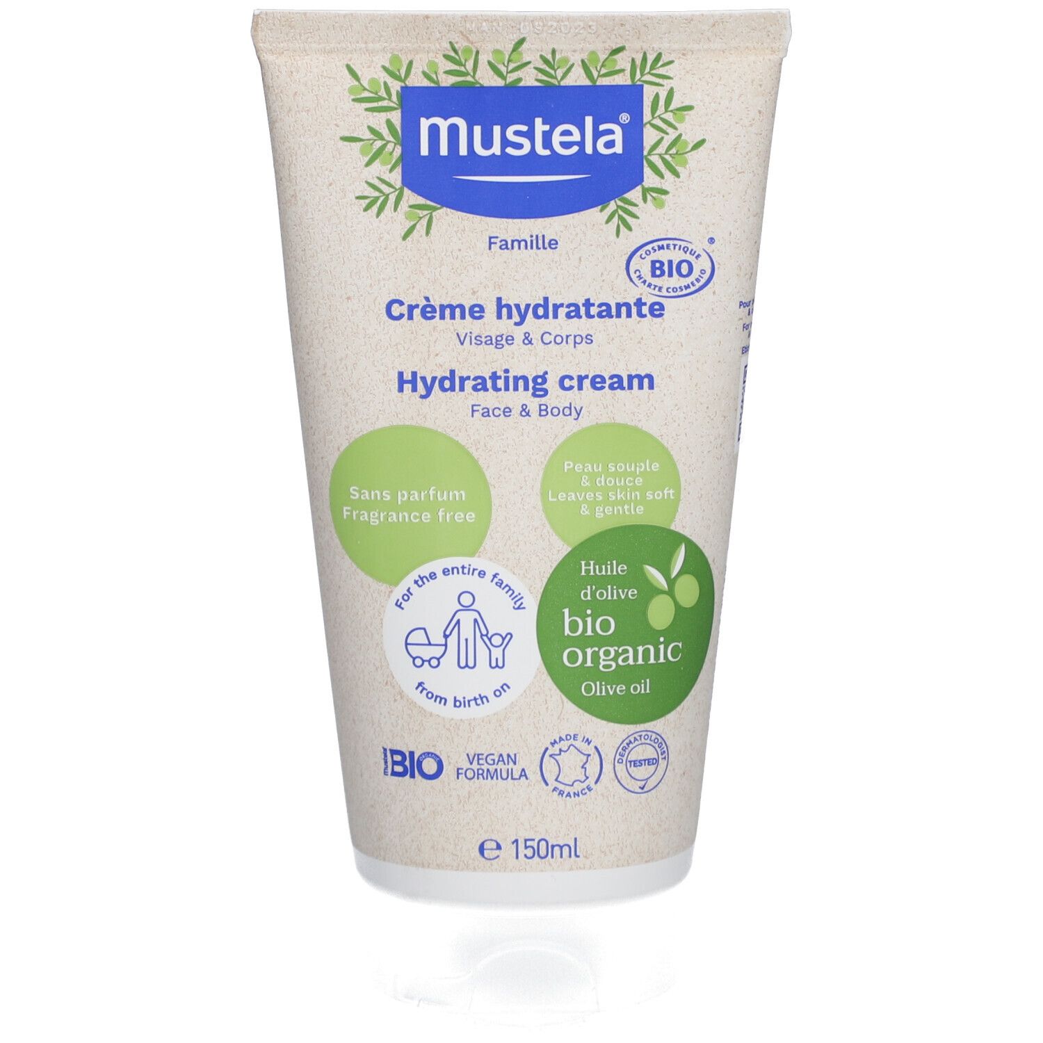 Tube de crème Mustela, accents verts. Contient de l'huile d'olive bio, pour visage et corps. Sans parfum.