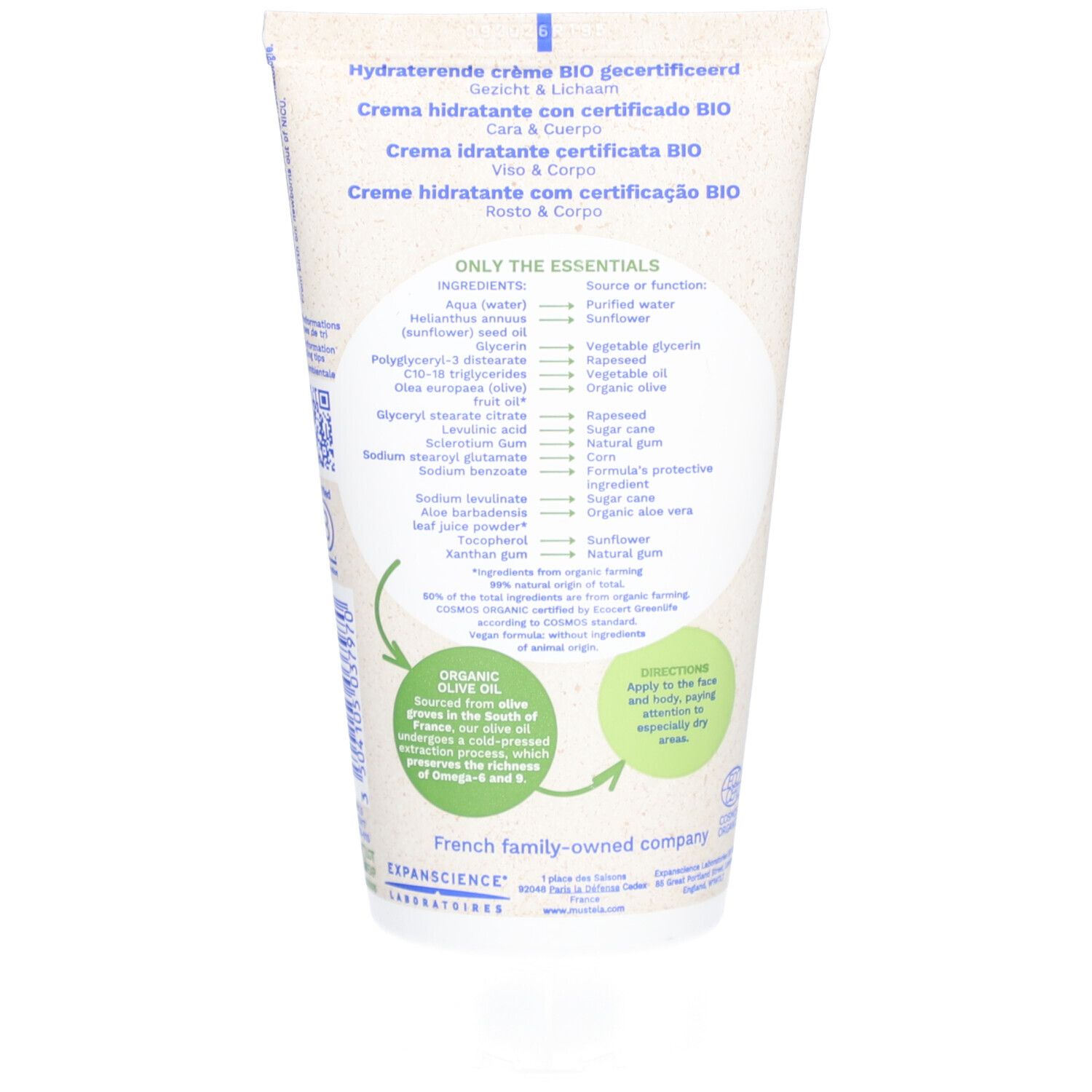 Dos du tube de crème avec ingrédients et certifications. Contient de l'huile d'olive bio et de l'aloe vera.