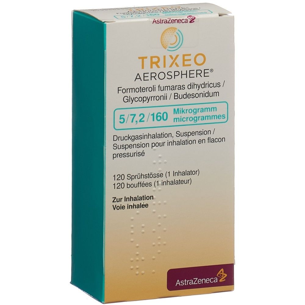 Kartonverpackung mit Produktinformationen. Türkis, gelb und weiß. Text: TRIXEO AEROSPHERE.