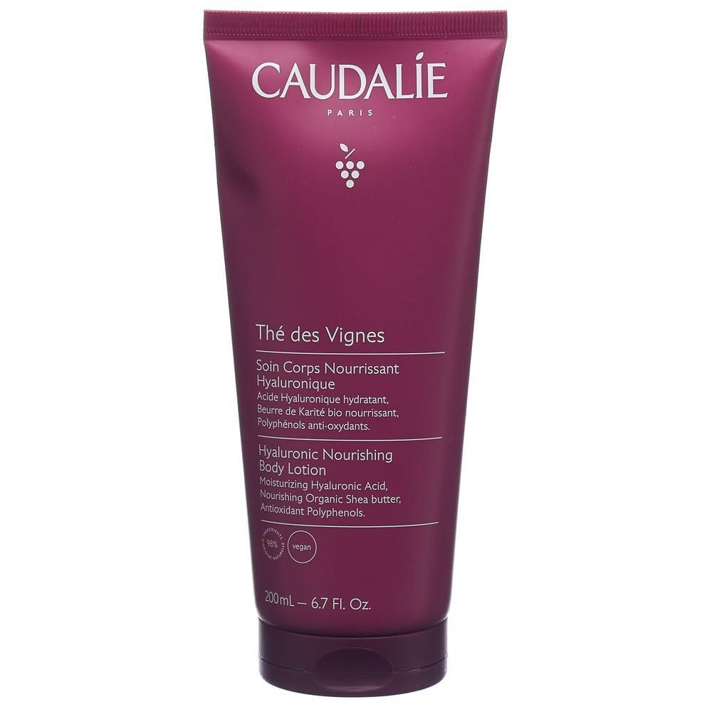 Caudalie Thé des Vignes Lotion. Tube violet. Nom du produit et ingrédients imprimés.