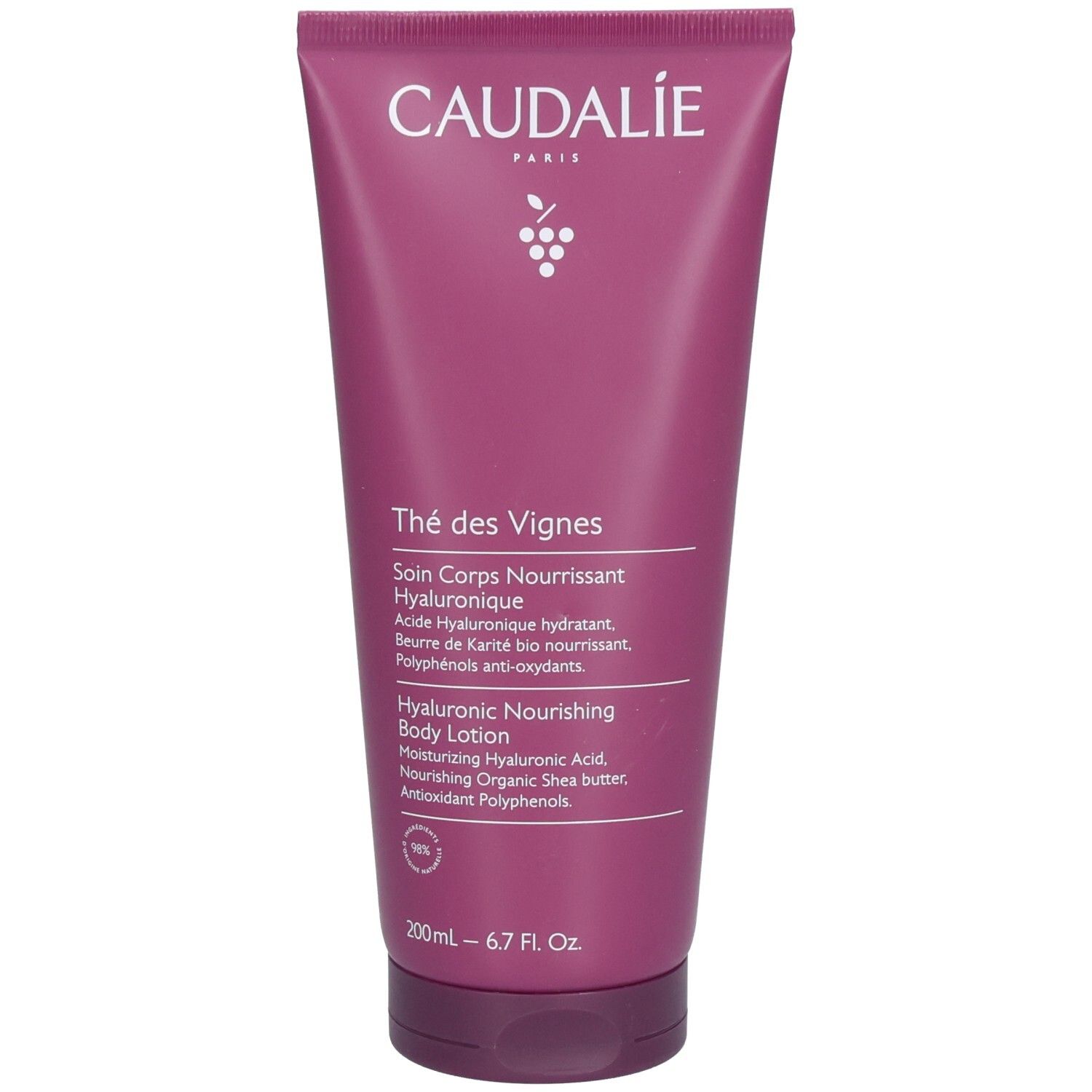 Caudalie Thé des Vignes Lotion. Tube violet. Nom du produit et ingrédients imprimés.