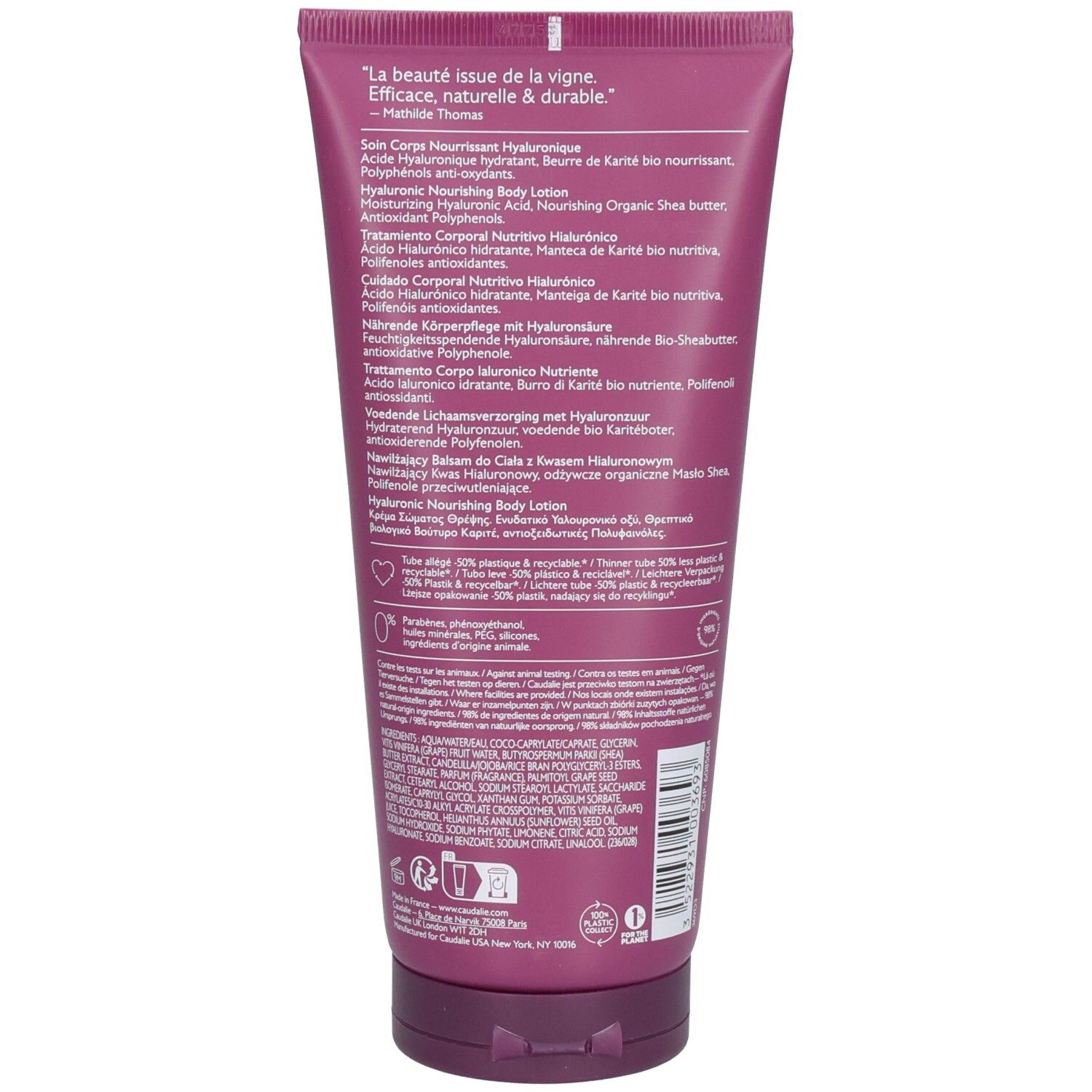 Dos de la lotion Caudalie Thé des Vignes. Texte avec ingrédients et informations.