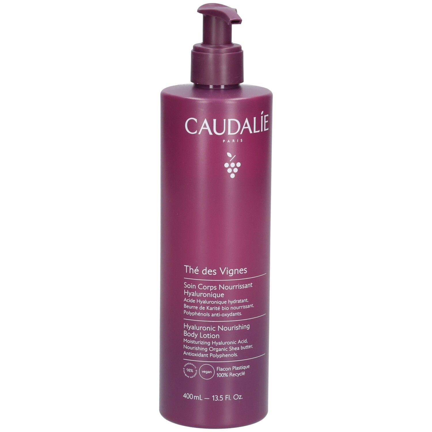 Flasche Caudalie Thé des Vignes Bodylotion. Rückseite mit Produktinformationen in verschiedenen Sprachen. 400ml.