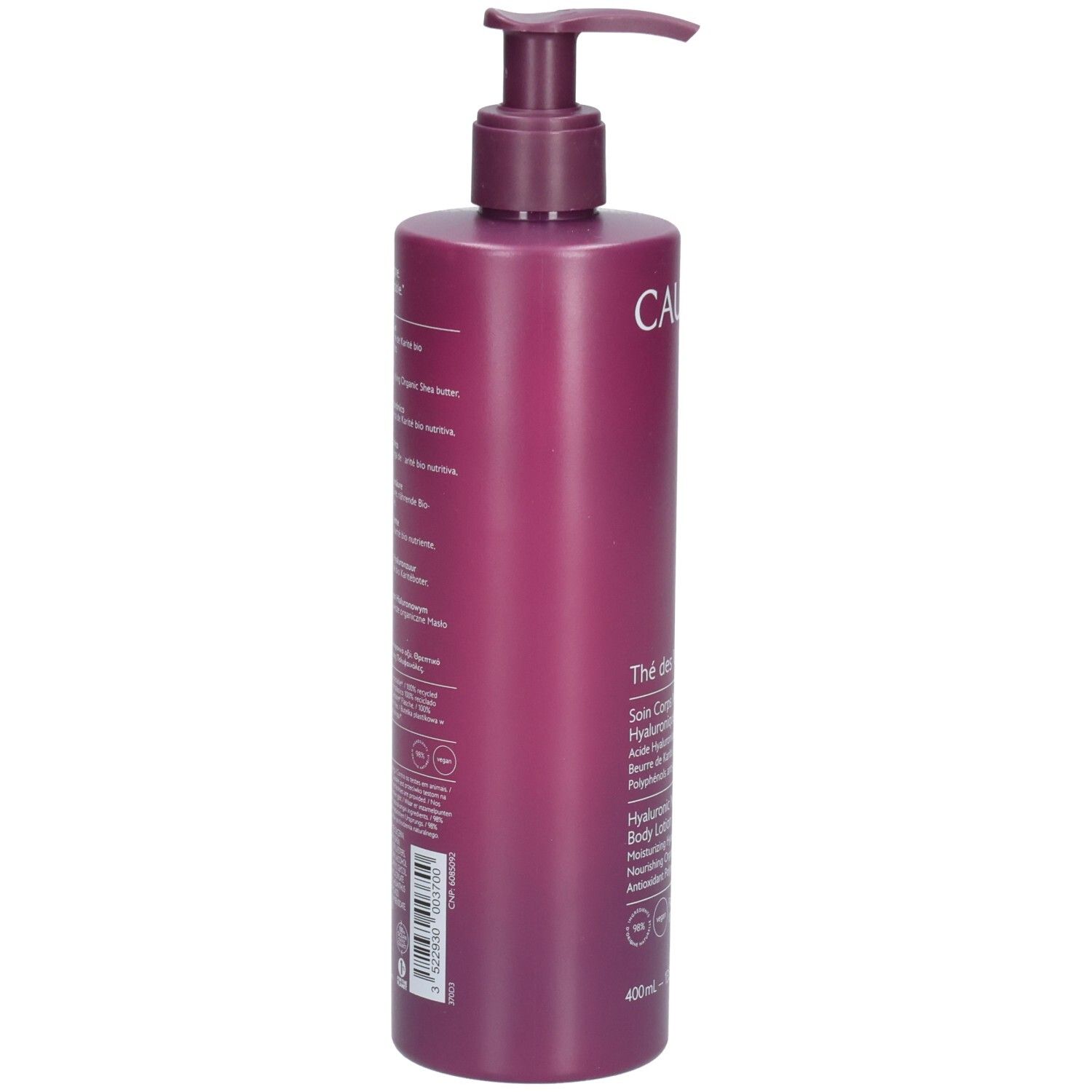 Flasche Caudalie Thé des Vignes Bodylotion. Rückseite mit Produktinformationen in verschiedenen Sprachen. 400ml.