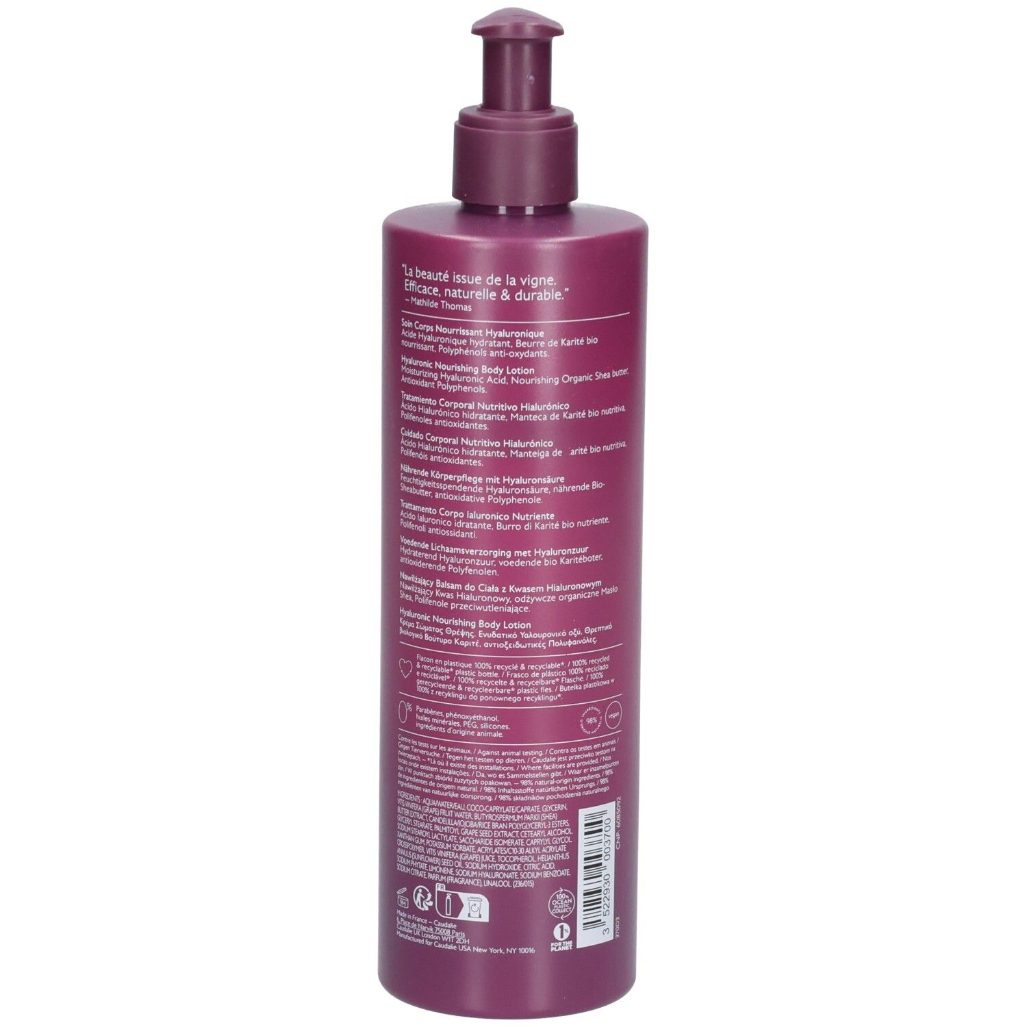 Flasche Caudalie Thé des Vignes Bodylotion. Rückseite mit Produktinformationen in verschiedenen Sprachen. 400ml.