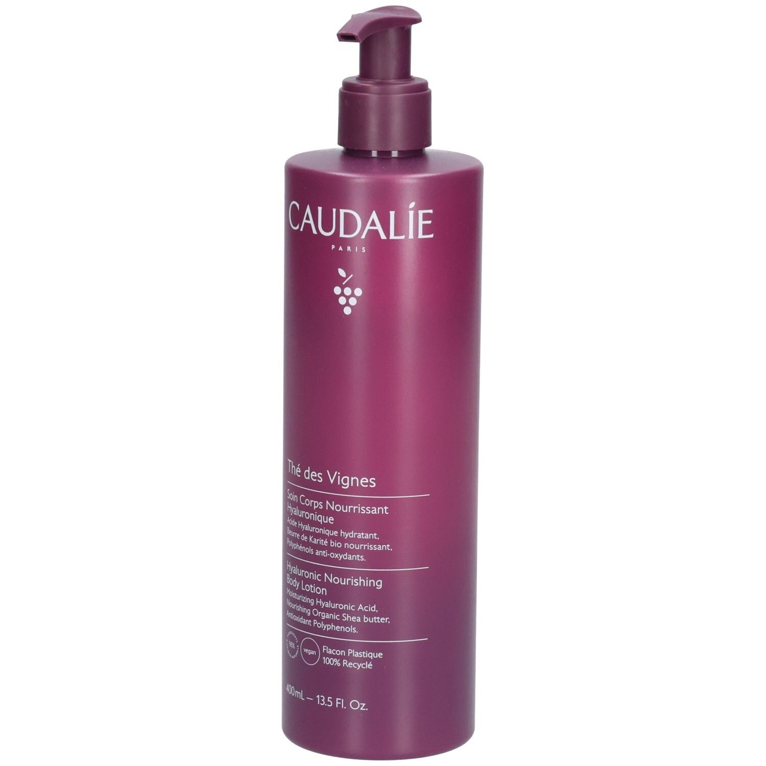 Flasche Caudalie Thé des Vignes Bodylotion mit Spender. Lila Flasche mit weißer Schrift. Enthält Hyaluronsäure. 400ml.
