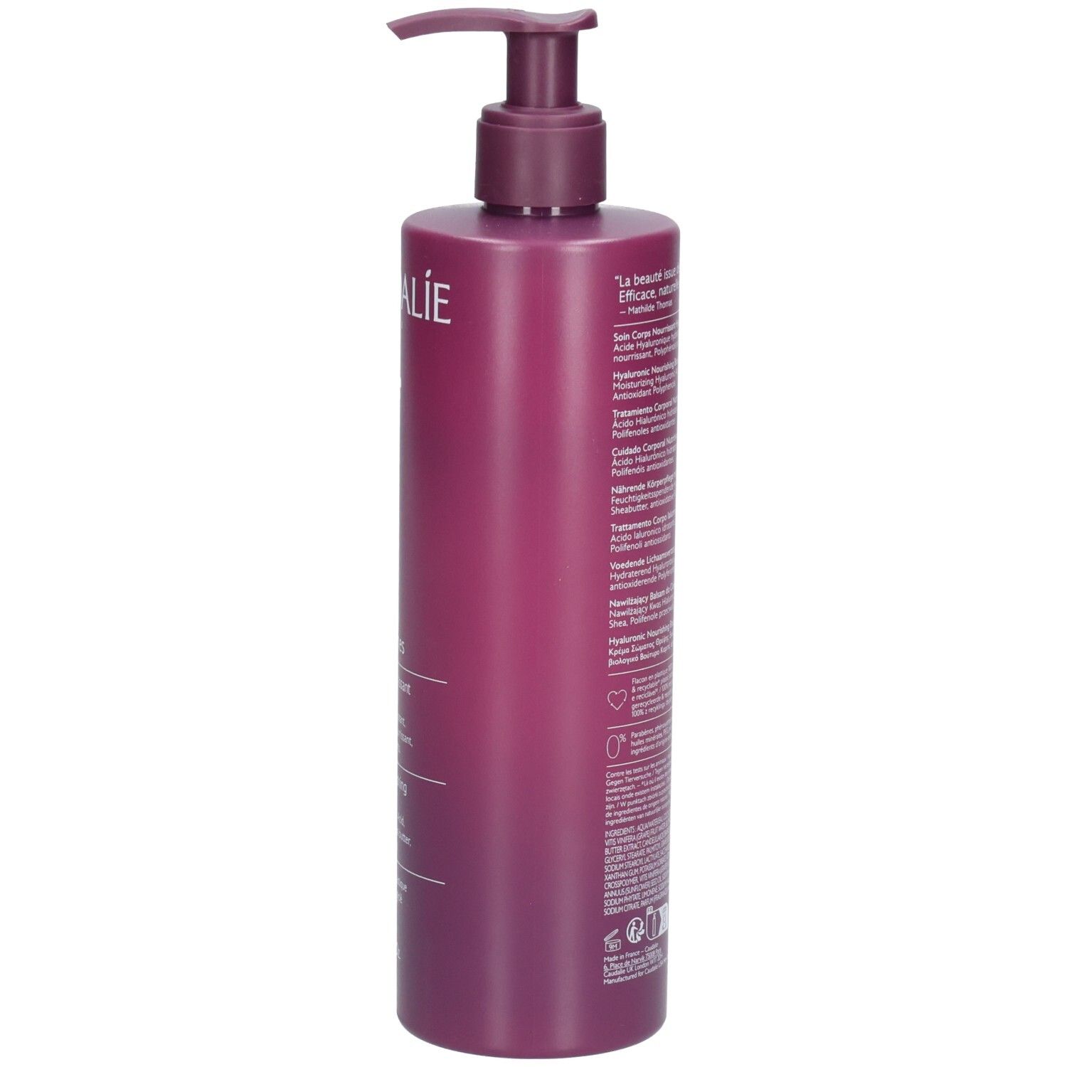Flasche Caudalie Thé des Vignes Bodylotion. Rückseite mit Produktinformationen in verschiedenen Sprachen. 400ml.