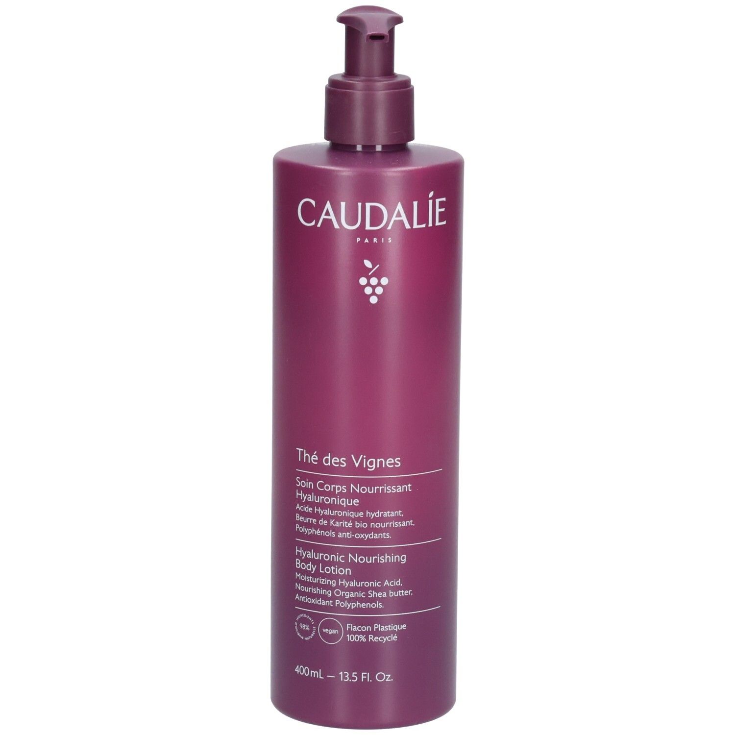 Flasche Caudalie Thé des Vignes Bodylotion mit Spender. Lila Flasche mit weißer Schrift. Enthält Hyaluronsäure. 400ml.