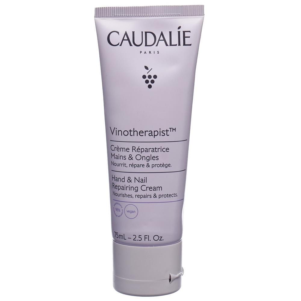 Creme-Tube, hellviolett. Aufschrift: CAUDALIE, Vinotherapist, Crème Réparatrice Mains & Ongles, Hand & Nail Repairing Cream. 75ml.