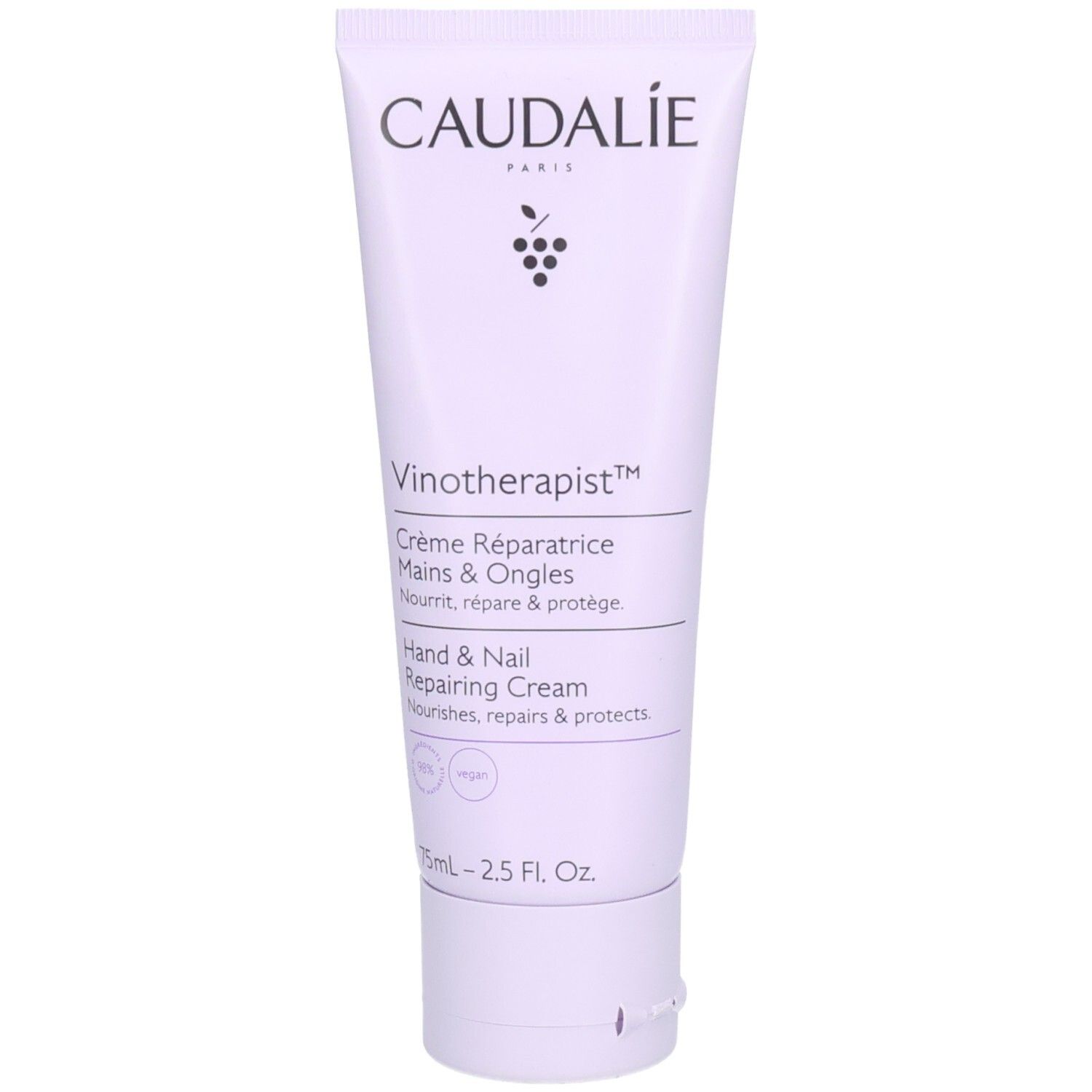 Creme-Tube, CAUDALIE, Vinotherapist Hand & Nail Repairing Cream. Weiß-lila, Logo und Produktnamen. 75ml.