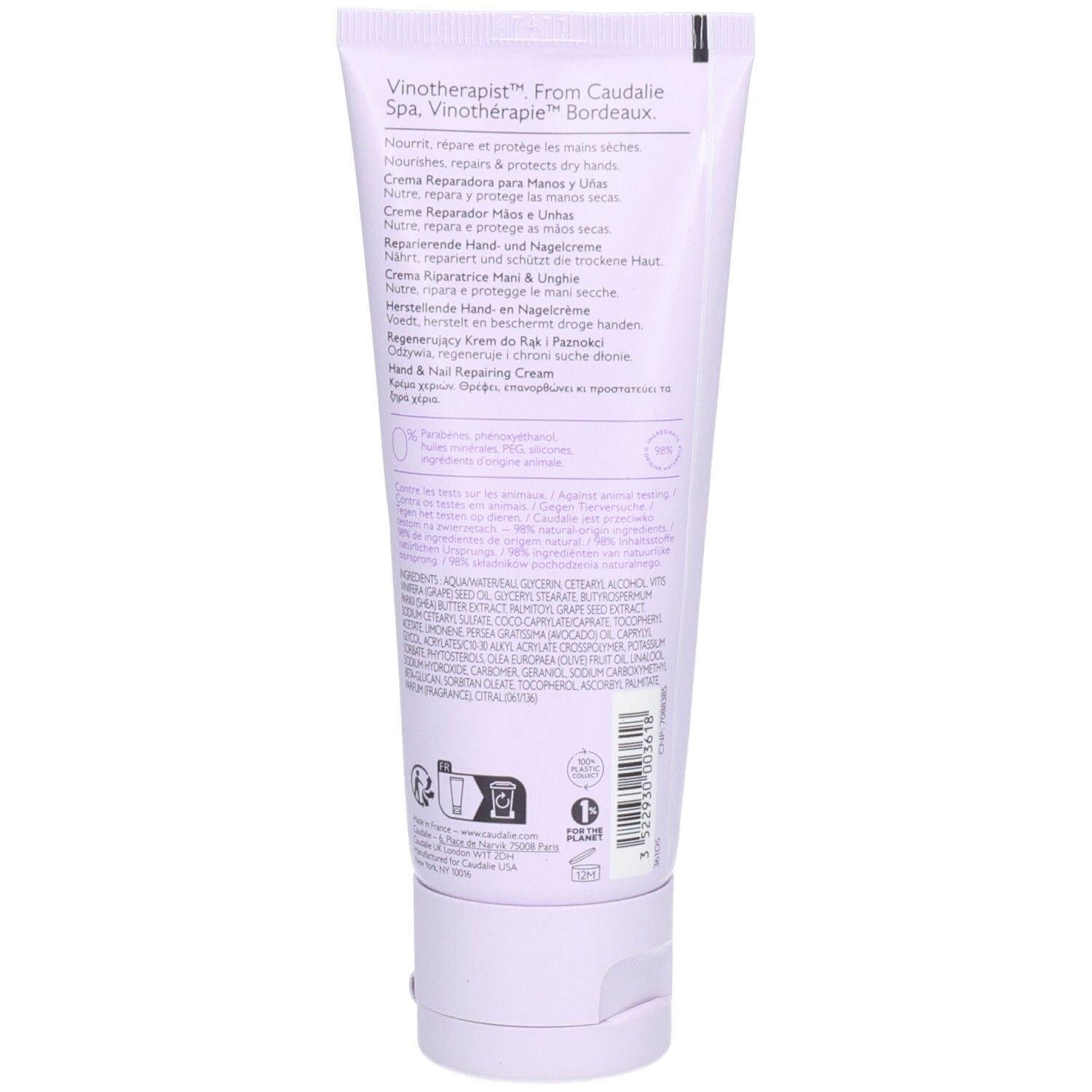 Rückseite der Creme-Tube, CAUDALIE, Vinotherapist Hand & Nail Repairing Cream. Text in mehreren Sprachen, Inhaltsstoffe.