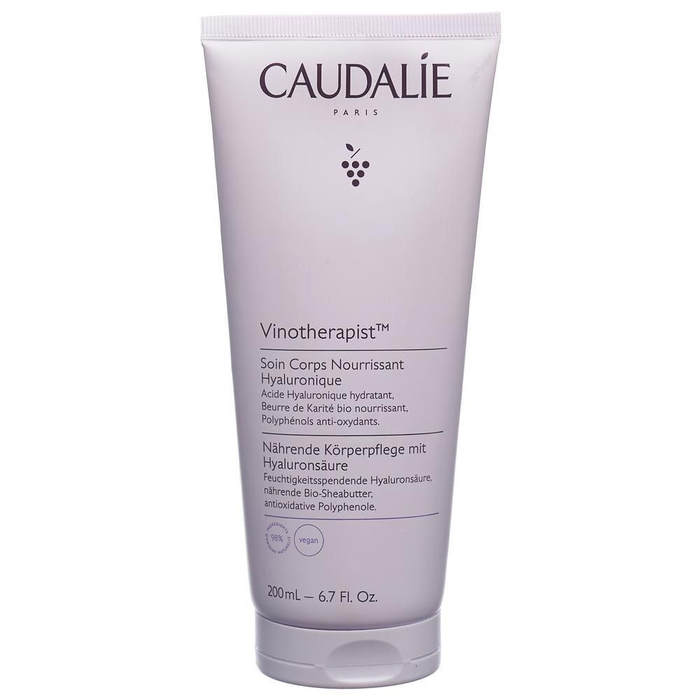 Weiß-lila Tube mit Produktbeschriftung. Oben steht CAUDALIE PARIS. Darunter Vinotherapist, Soin Corps Nourrissant Hyaluronique. Unten 200ml - 6.7 FL. Oz.