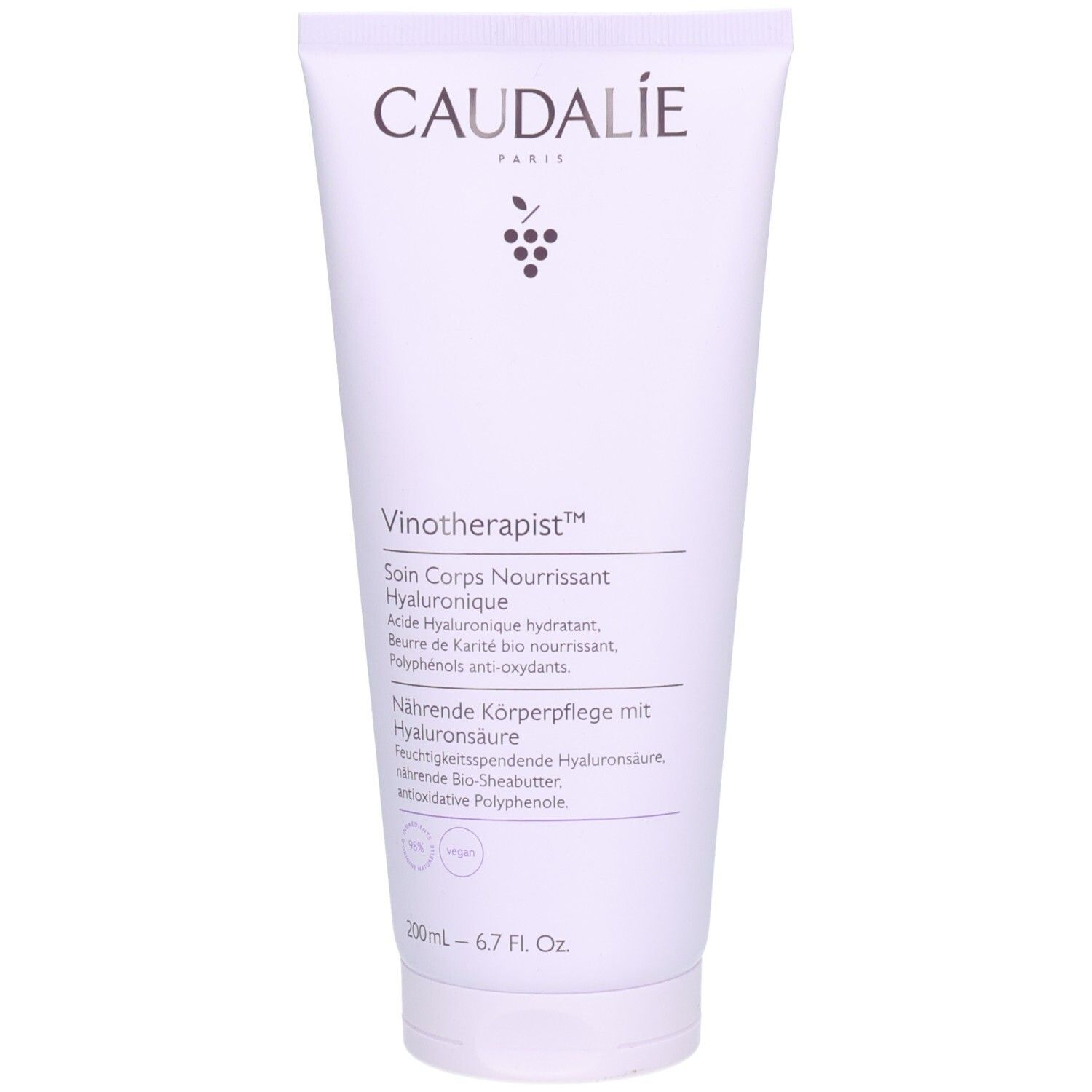 Weisse Tube mit Caudalie-Logo und Produktbezeichnung Vinotherapist™. Text in Französisch und Deutsch. Vegan-Siegel.