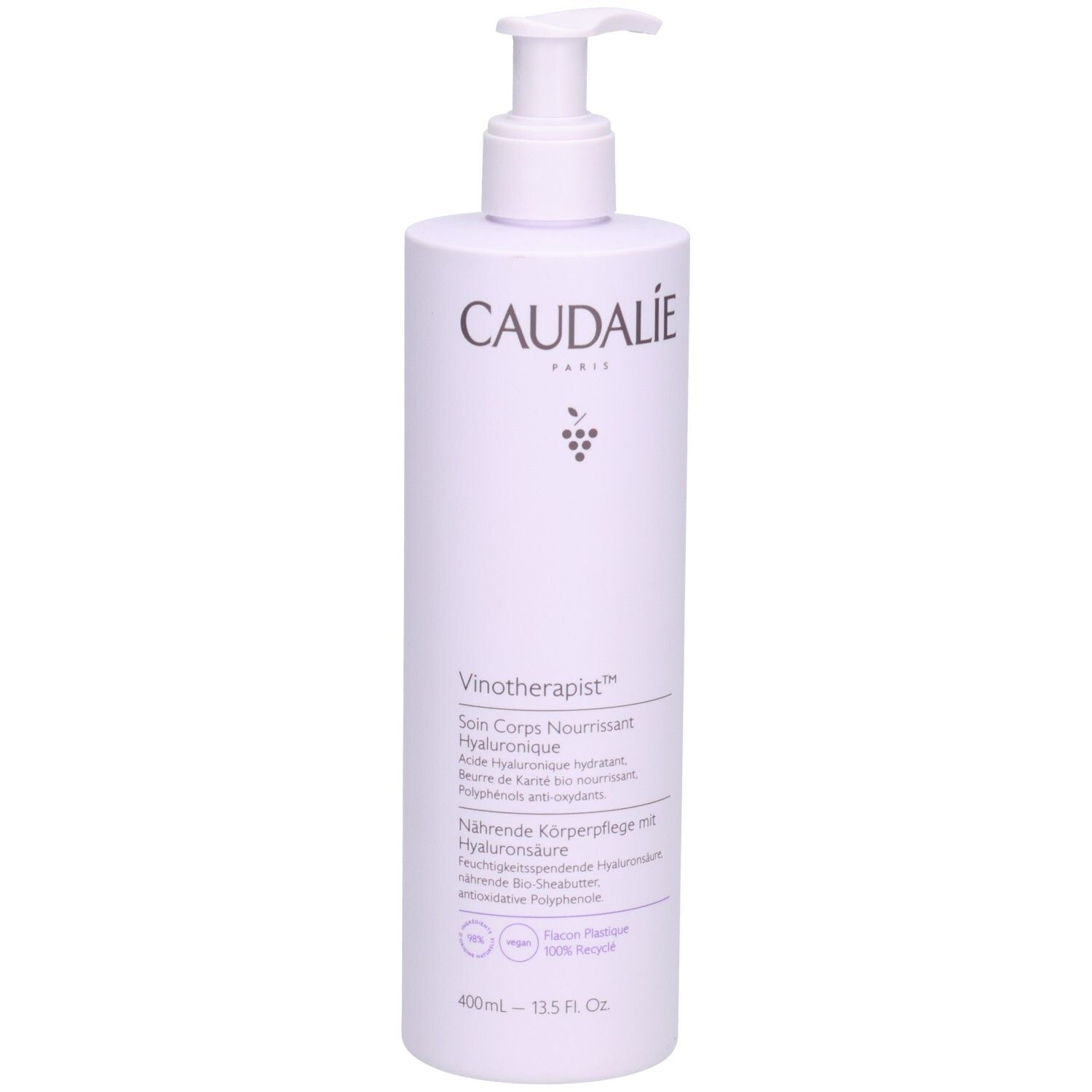 Flasche mit Pumpe. Caudalie Vinotherapist™. Aufschrift: Soin Corps Nourrissant, Hyaluronsäure. Flasche aus 100% recyceltem Kunststoff.
